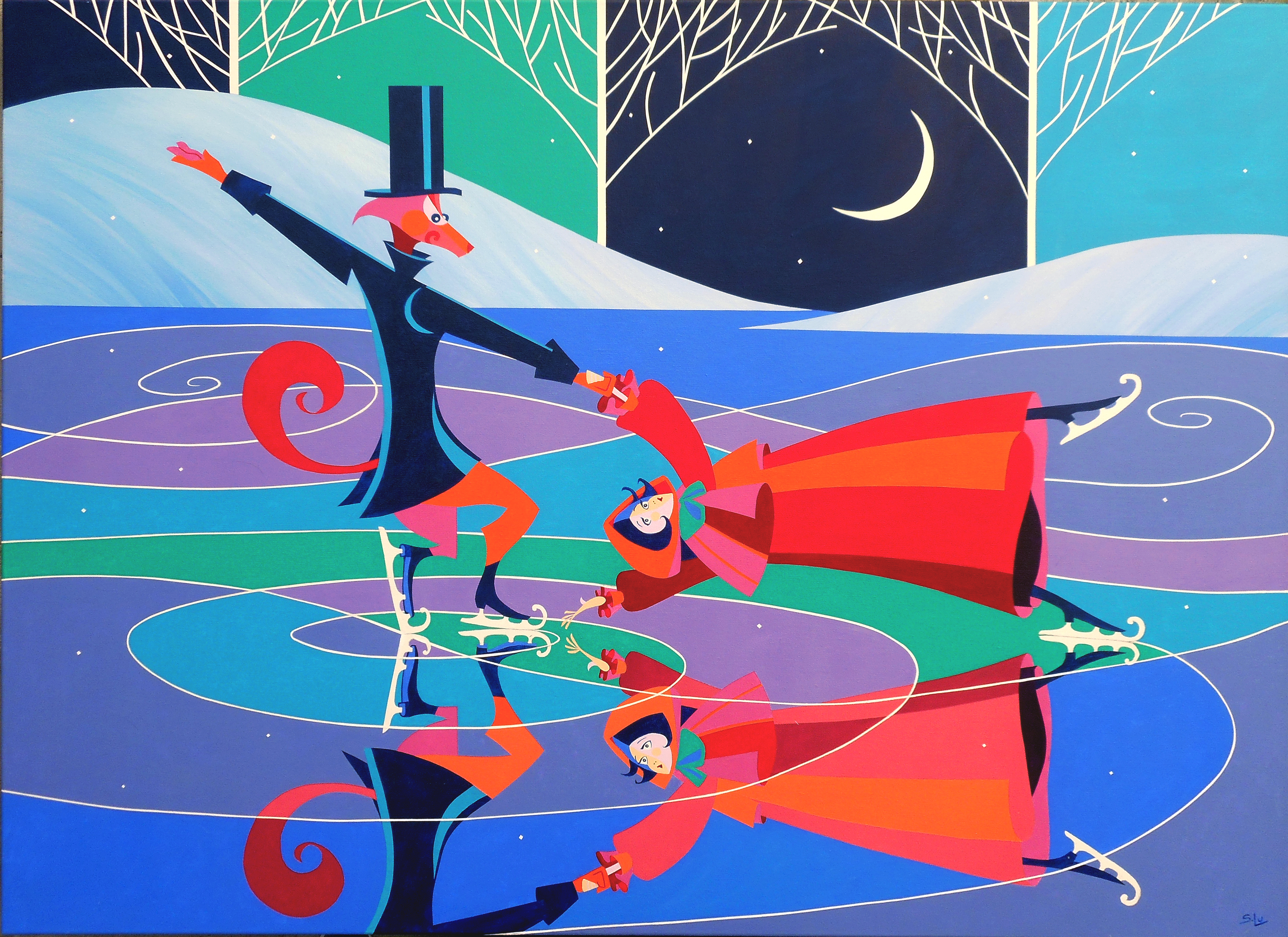A classic fairy tale couple caught in an unlikely situation. Acrylic paint on canvas 36 x 48 inches 