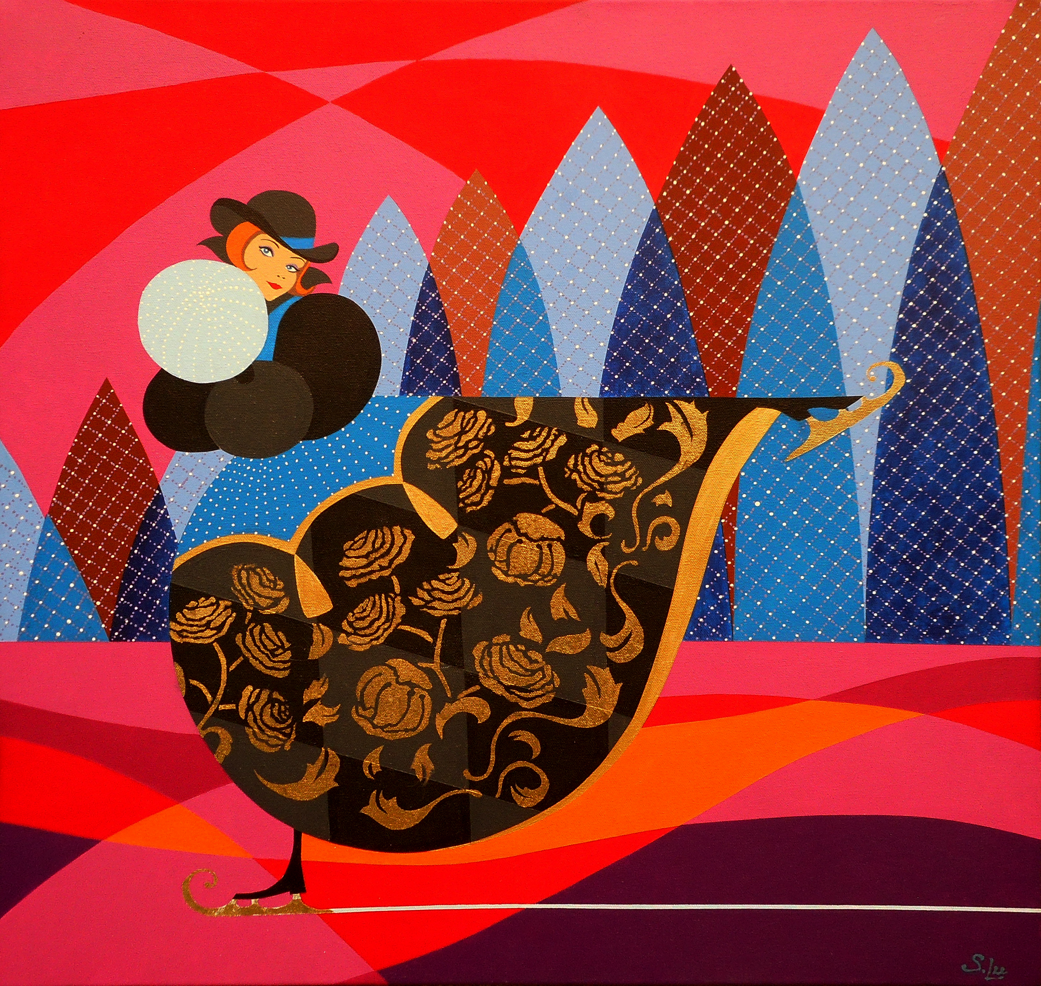 A whimsical skating figure using a bold and unexpected color palette. Acrylic paint with metal leaf on canvas 20 x 20 inches