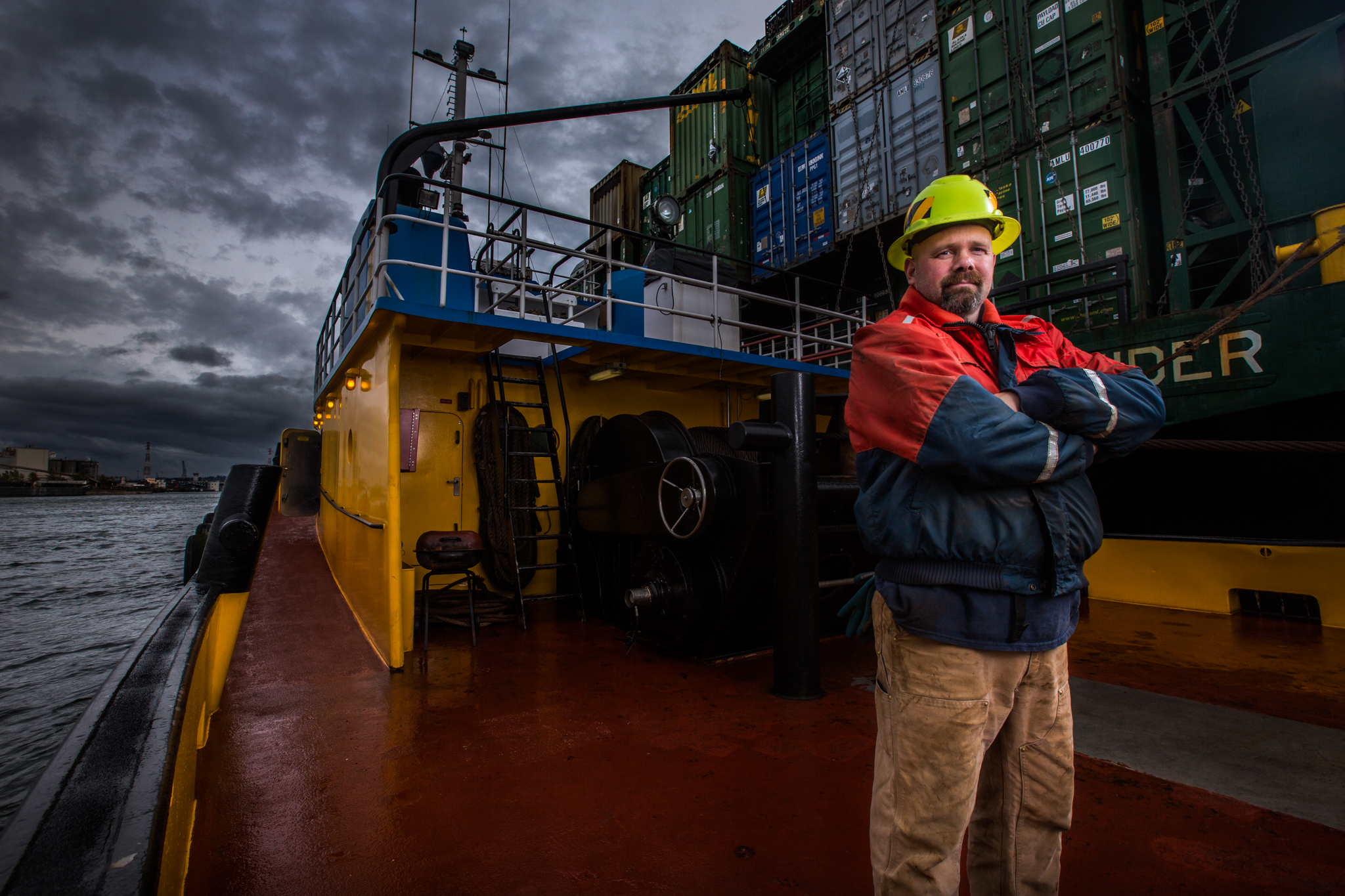 portrait of a crew member aboard one of the many tug boats that operates in Seattle. 