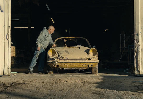 Owner dusting off old Porsche after being in storage for over 20 years.
