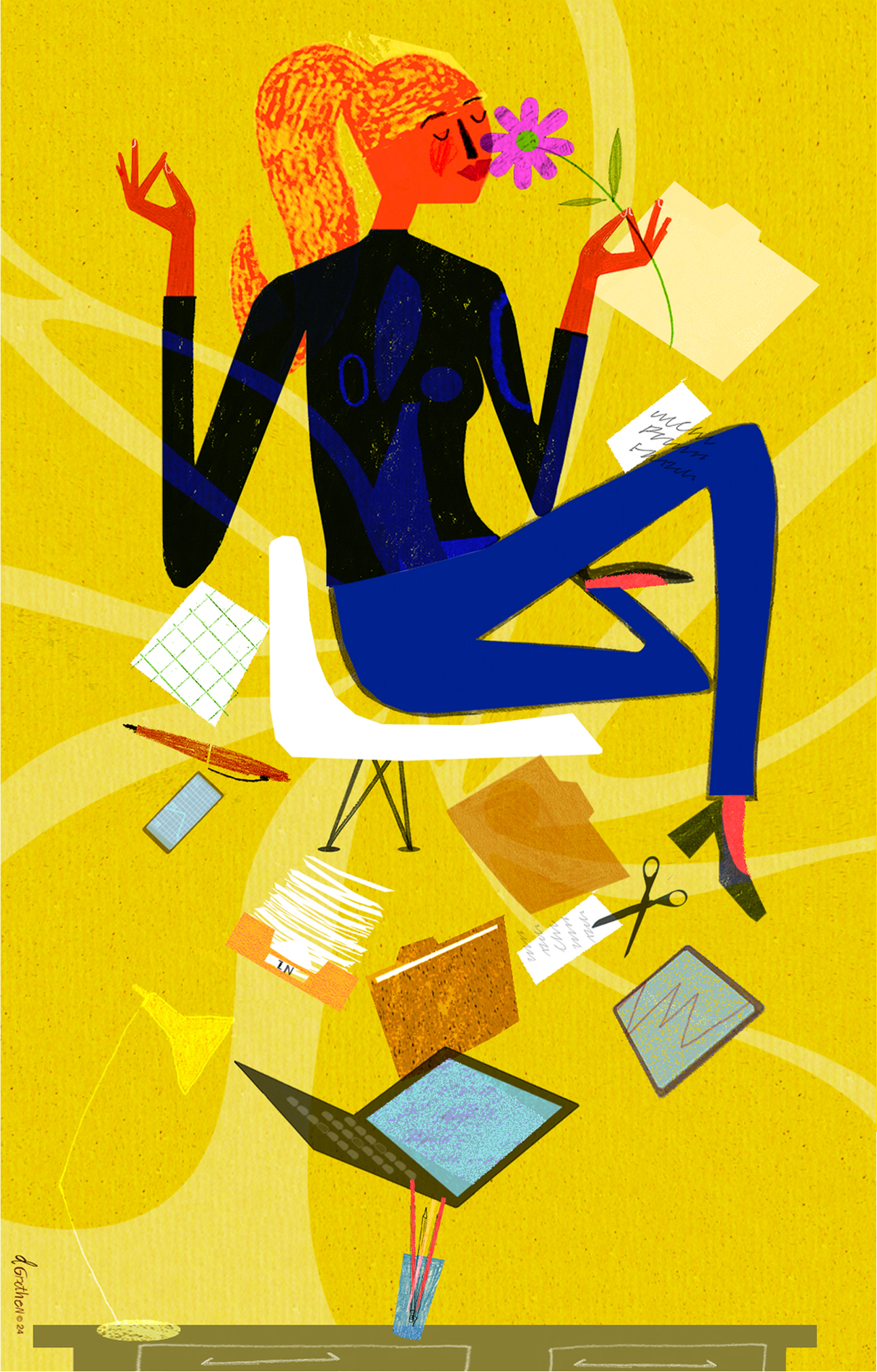 Woman in zen like yoga pose in chaotic tech office.