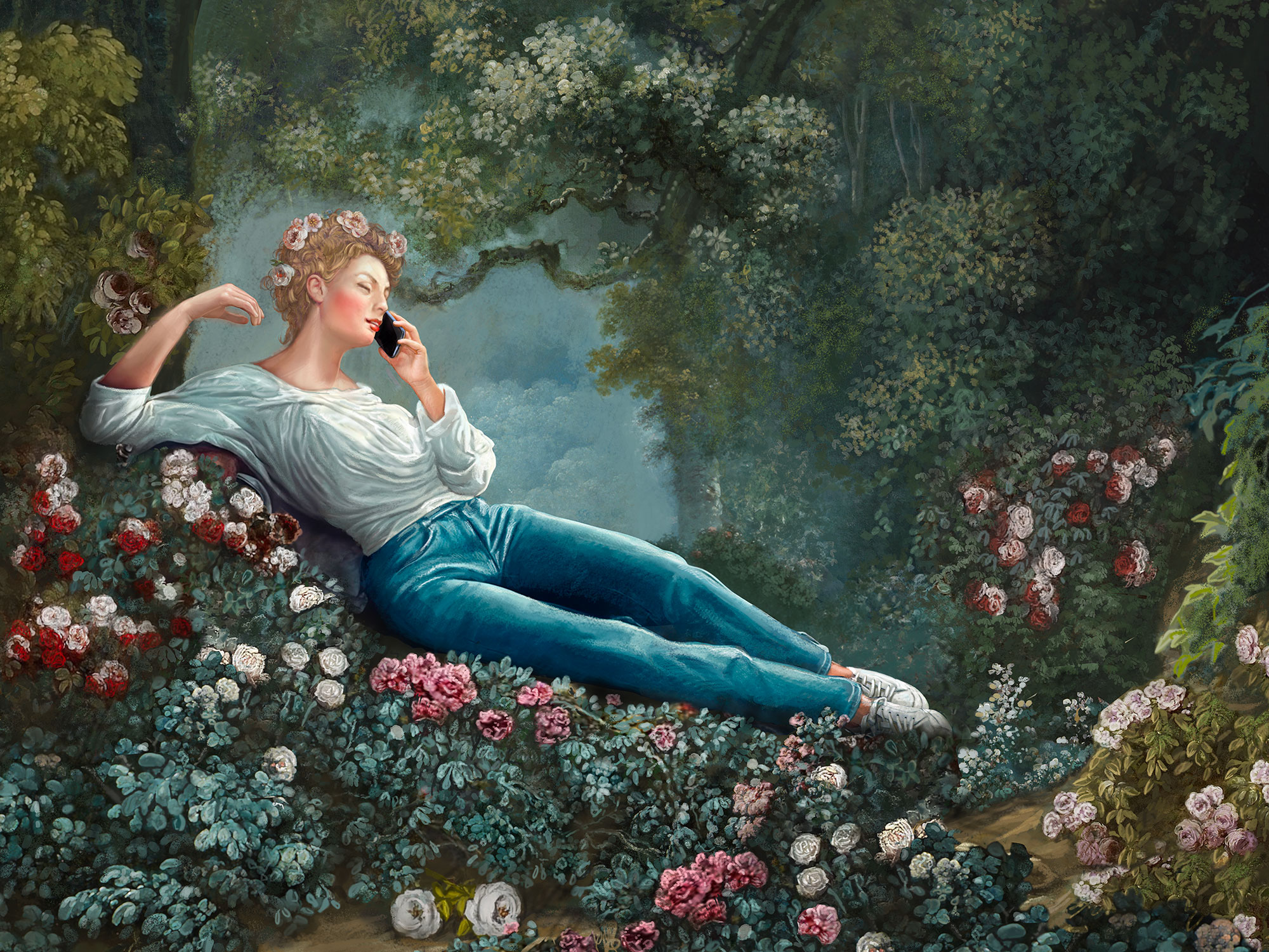 A classical-style woman reclines in a lush floral garden while speaking on a phone, mixing old-master elegance with modern everyday life.