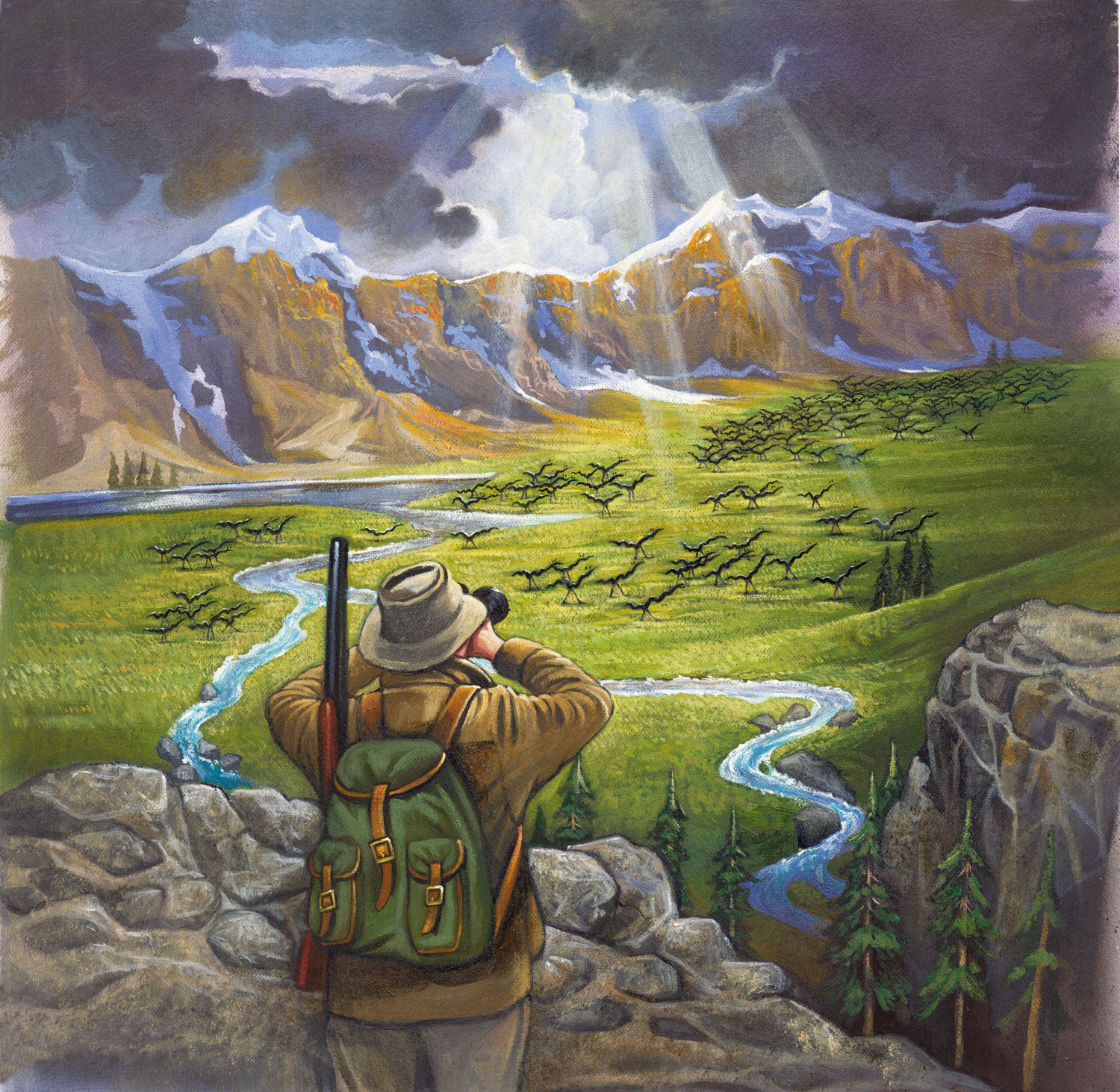 A dramatic painted landscape showing an explorer overlooking a vast mountain valley filled with rivers, light beams, wildlife, and stormy skies.