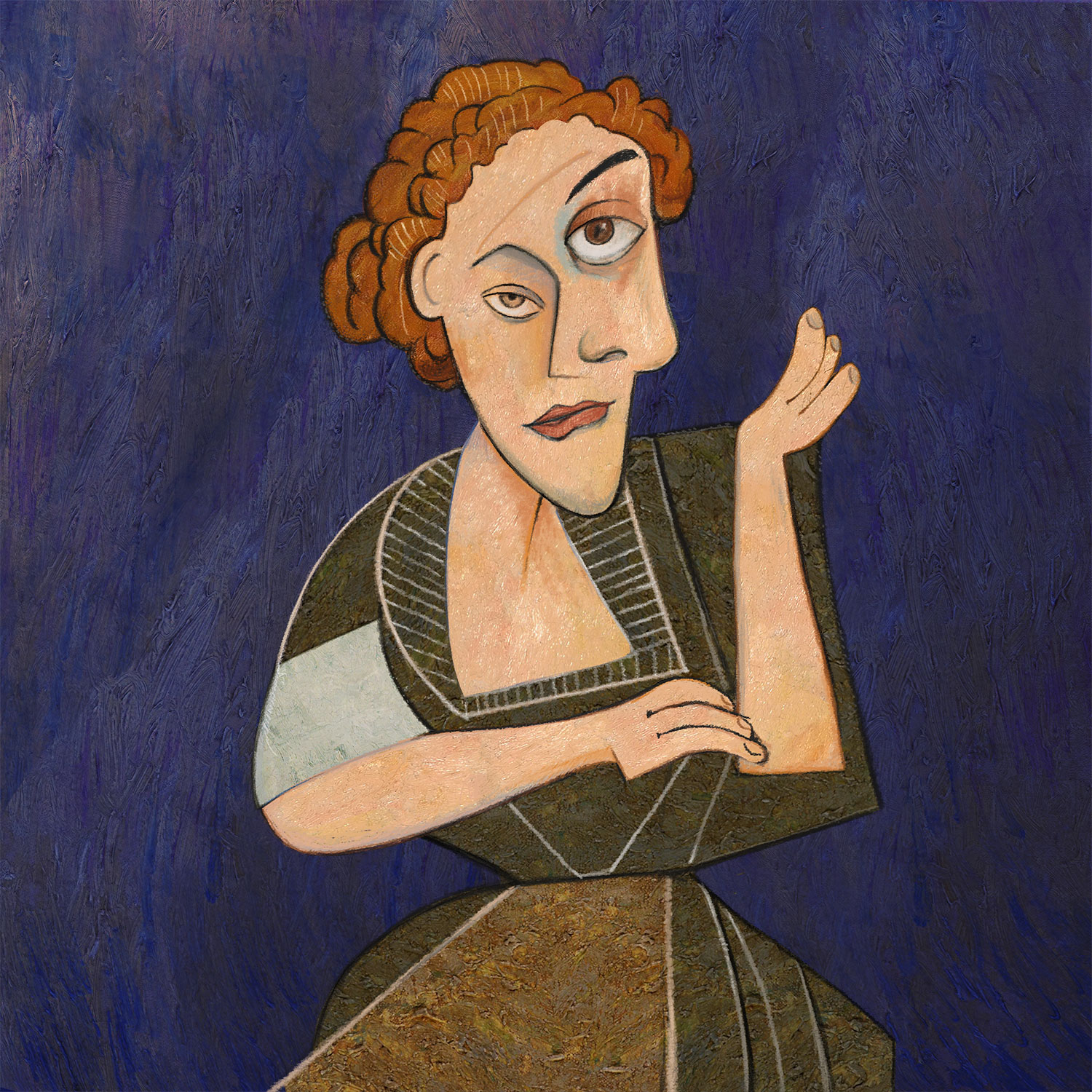 A stylised painted portrait of a thoughtful woman with elongated features, textured brushwork, and a deep blue background.
