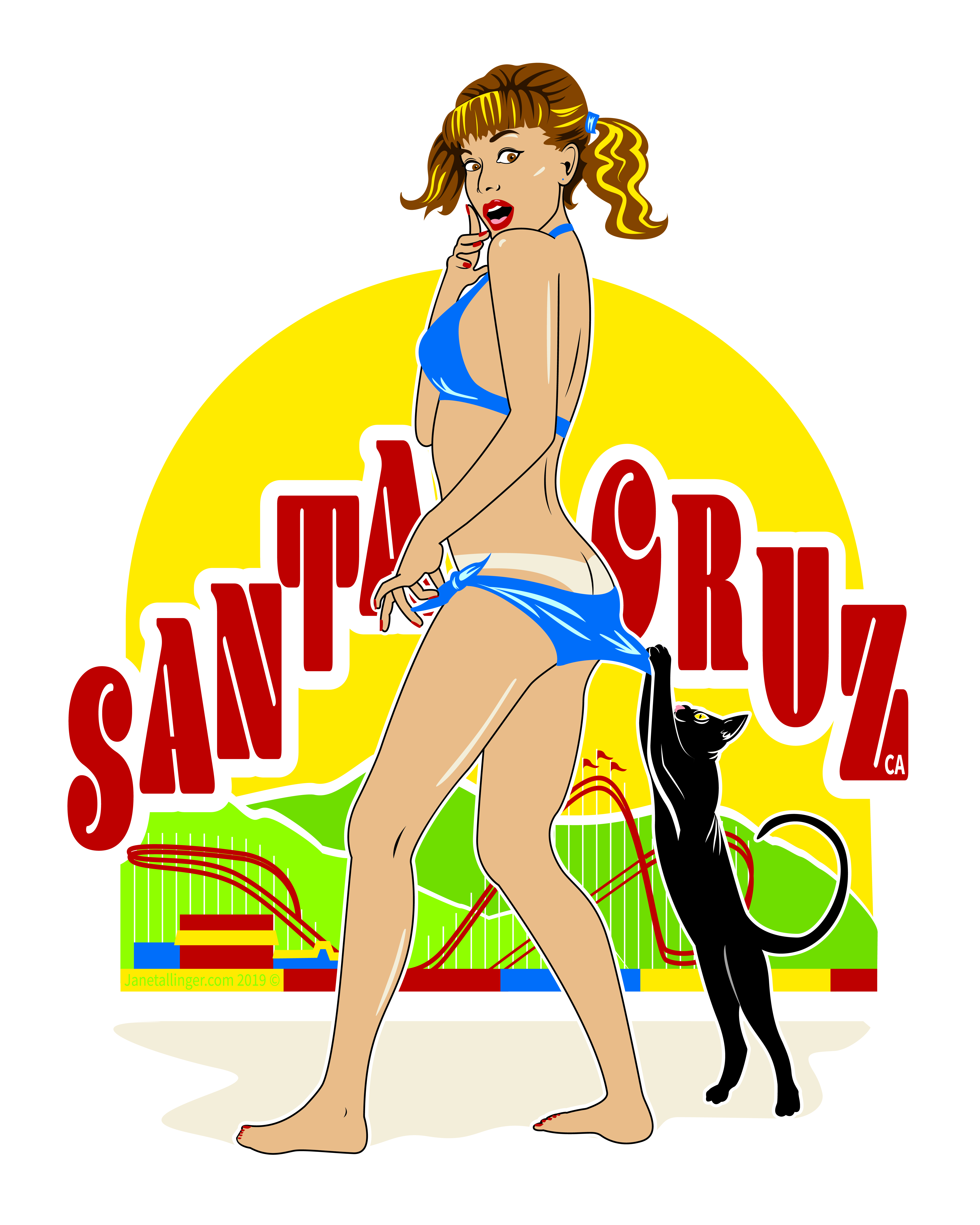 Vector illustration of a woman in a bathing suit bikini on the Santa Cruz Boardwalk.