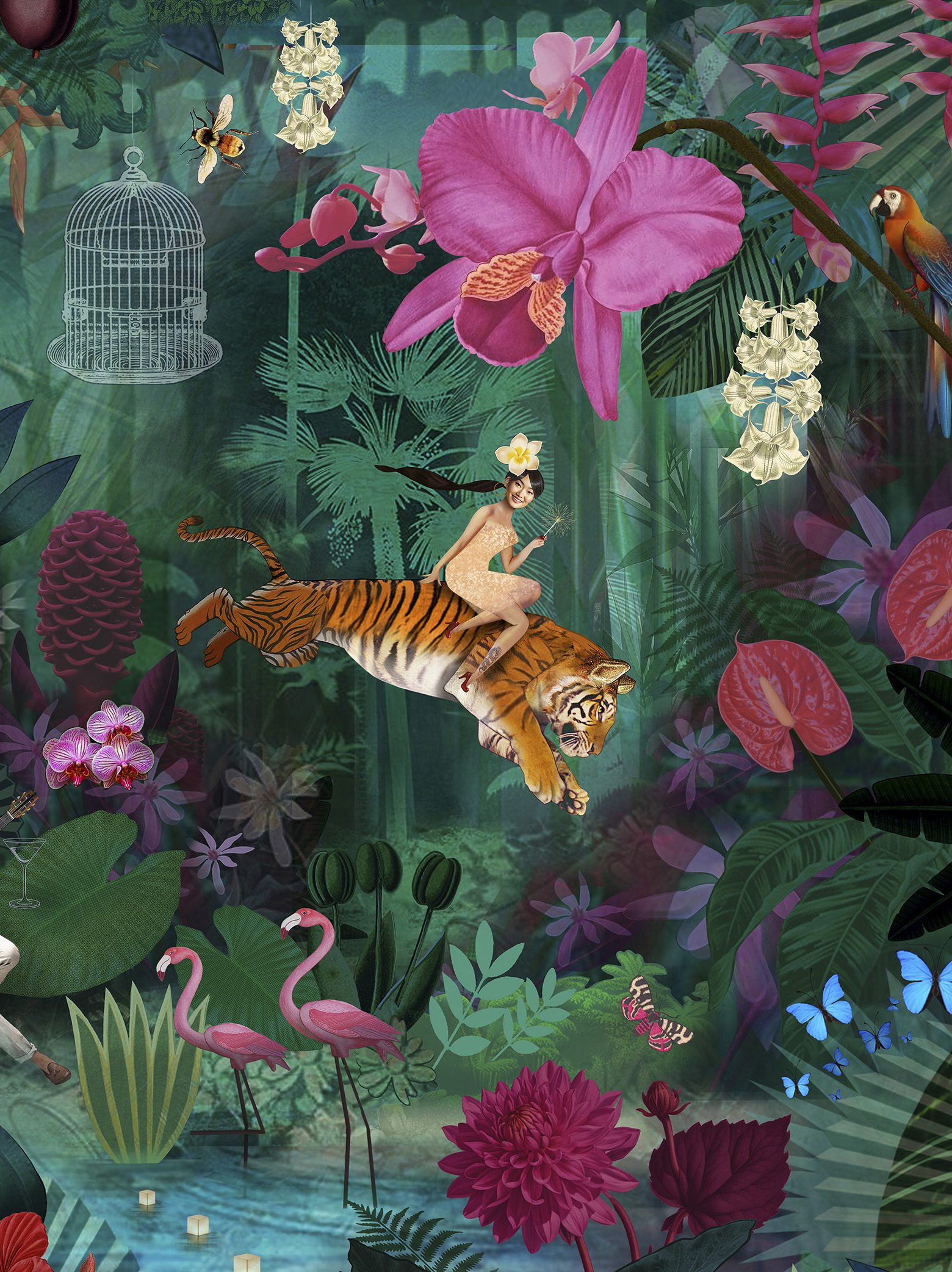 A high art collage featuring a woman riding a tiger through beautiful tropical jungle