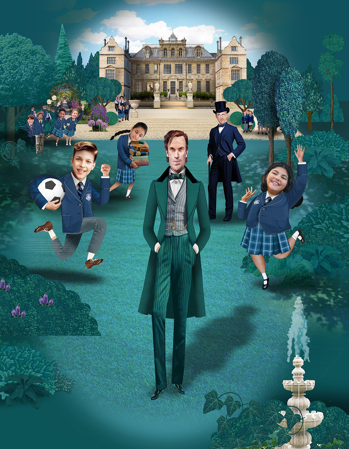 Sherlock Holmes standing in front of  a large school building. Children are running around.