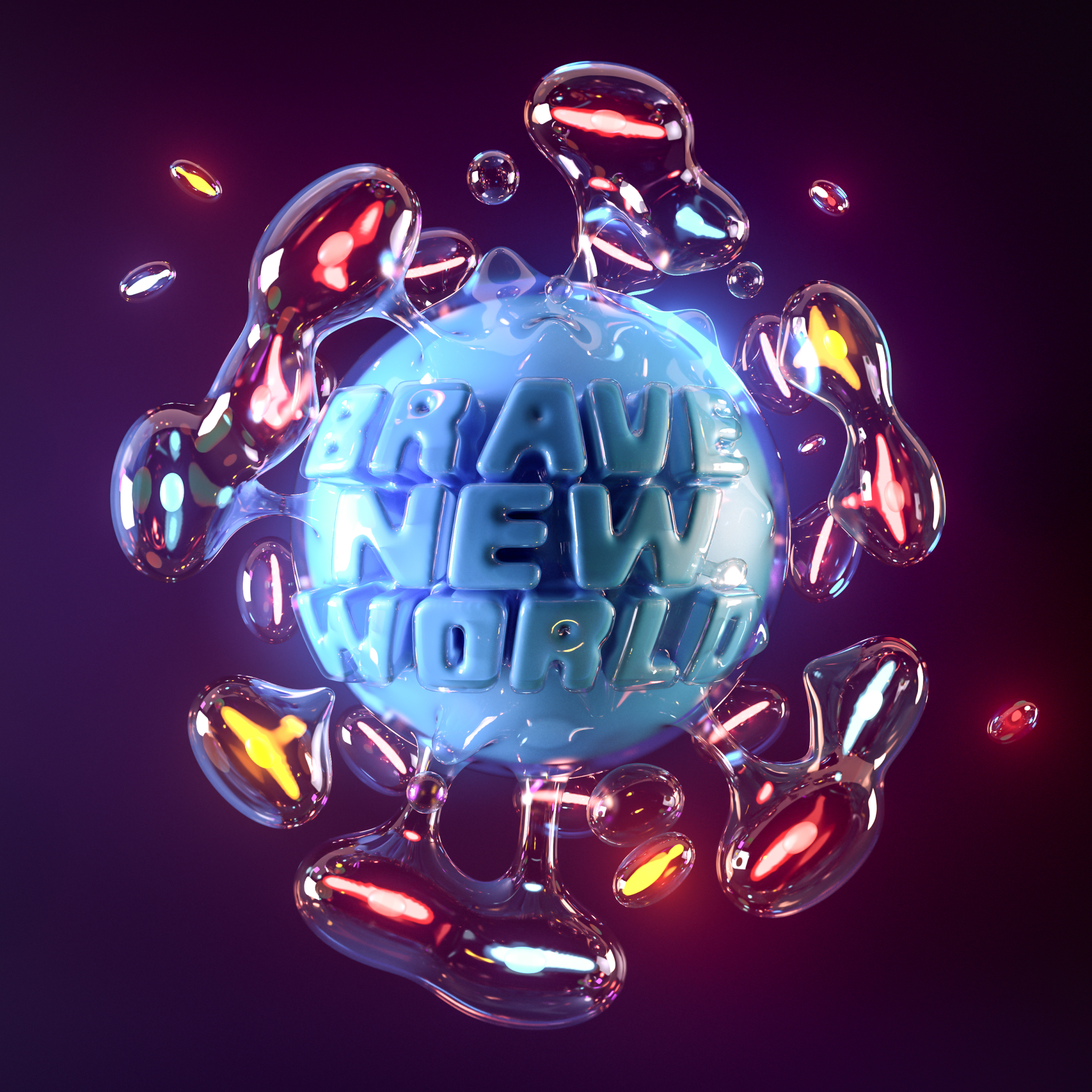 3D modeled illustration of cover-19 molecule with center showing lettering "Brave New World". 