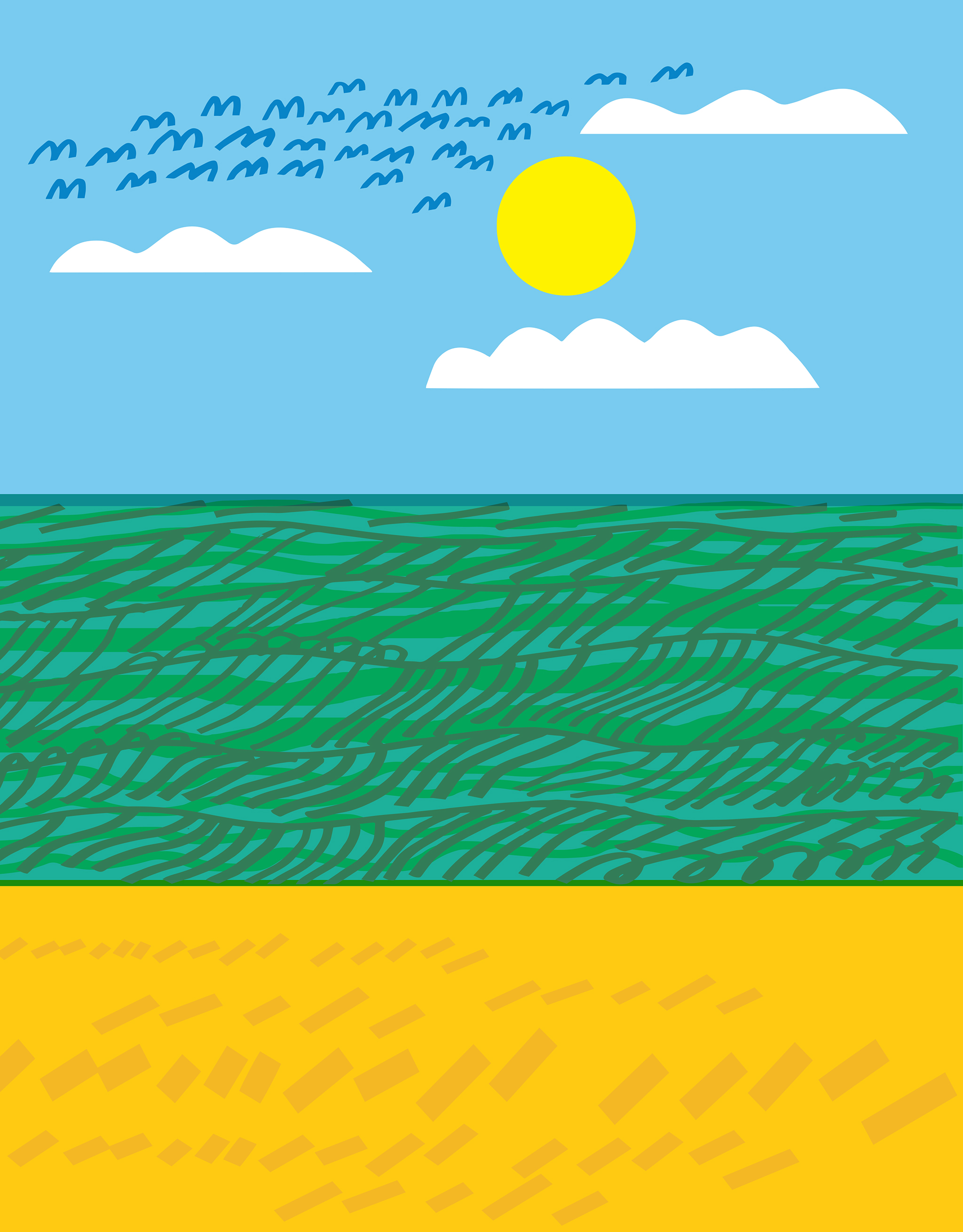 Ocean view from the beach with sunny skies, clouds and flock of birds.