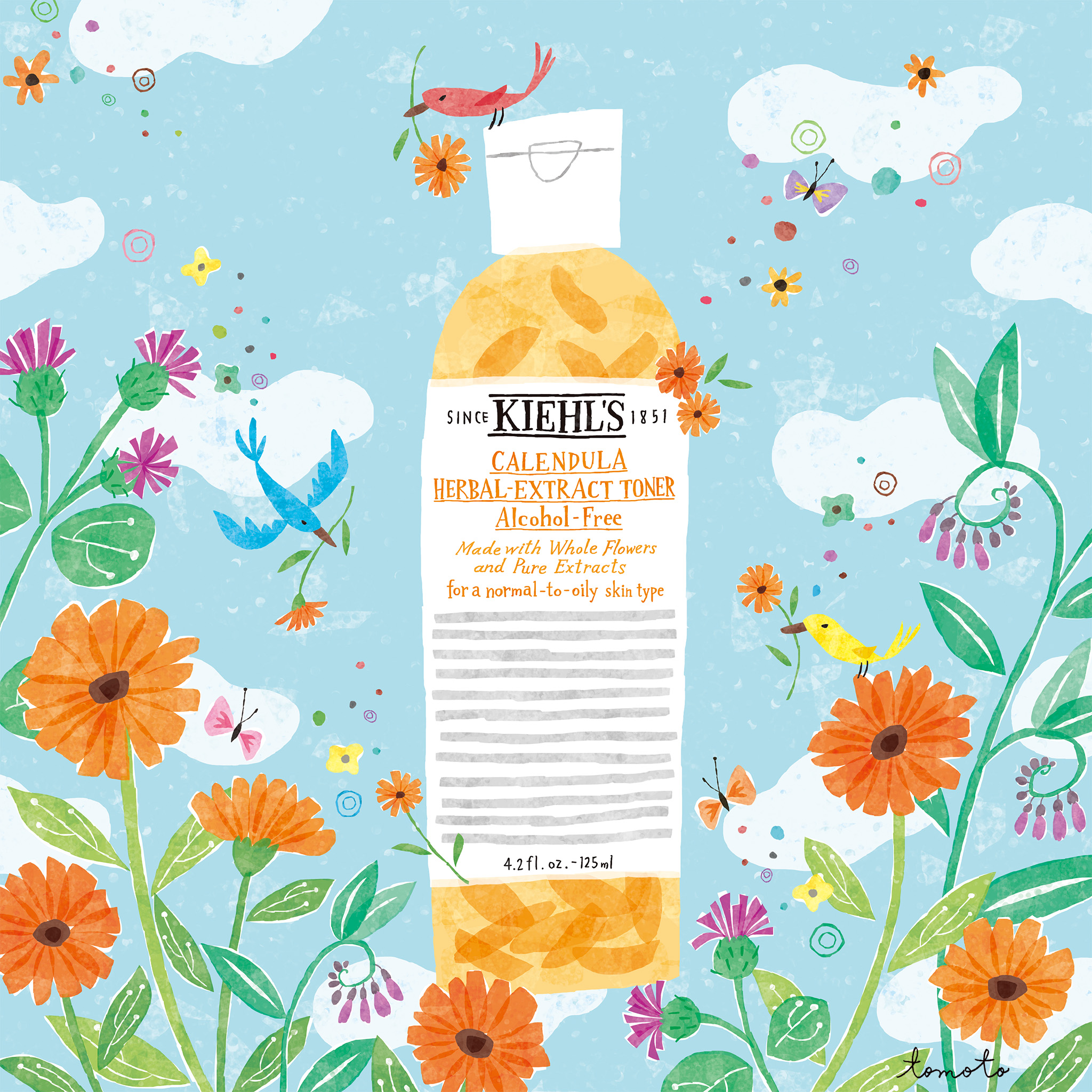 Product bottle displayed amidst beautiful flowers, birds, animals and blue skies.