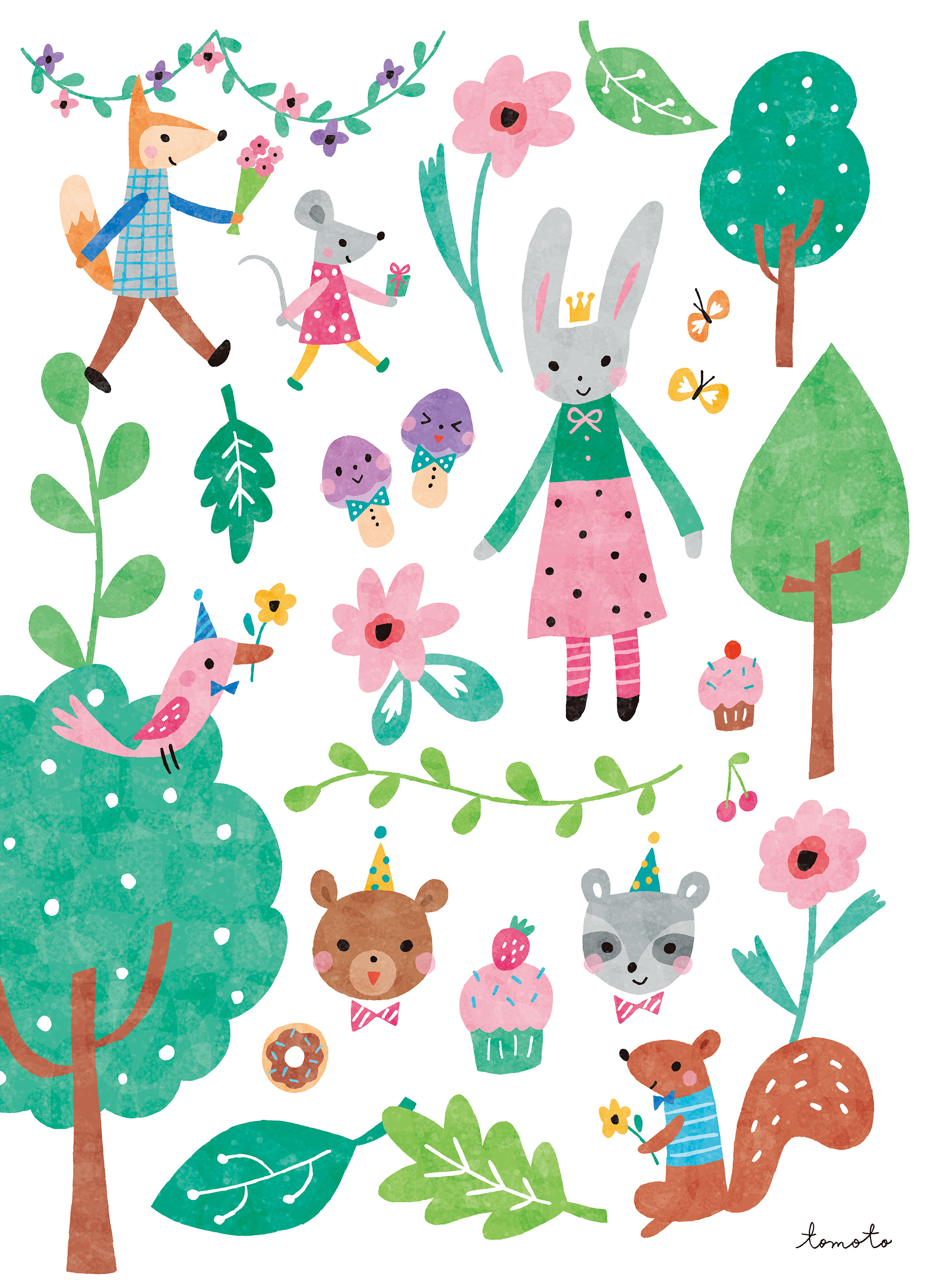 Variety of whimsical animals, treats and nature.