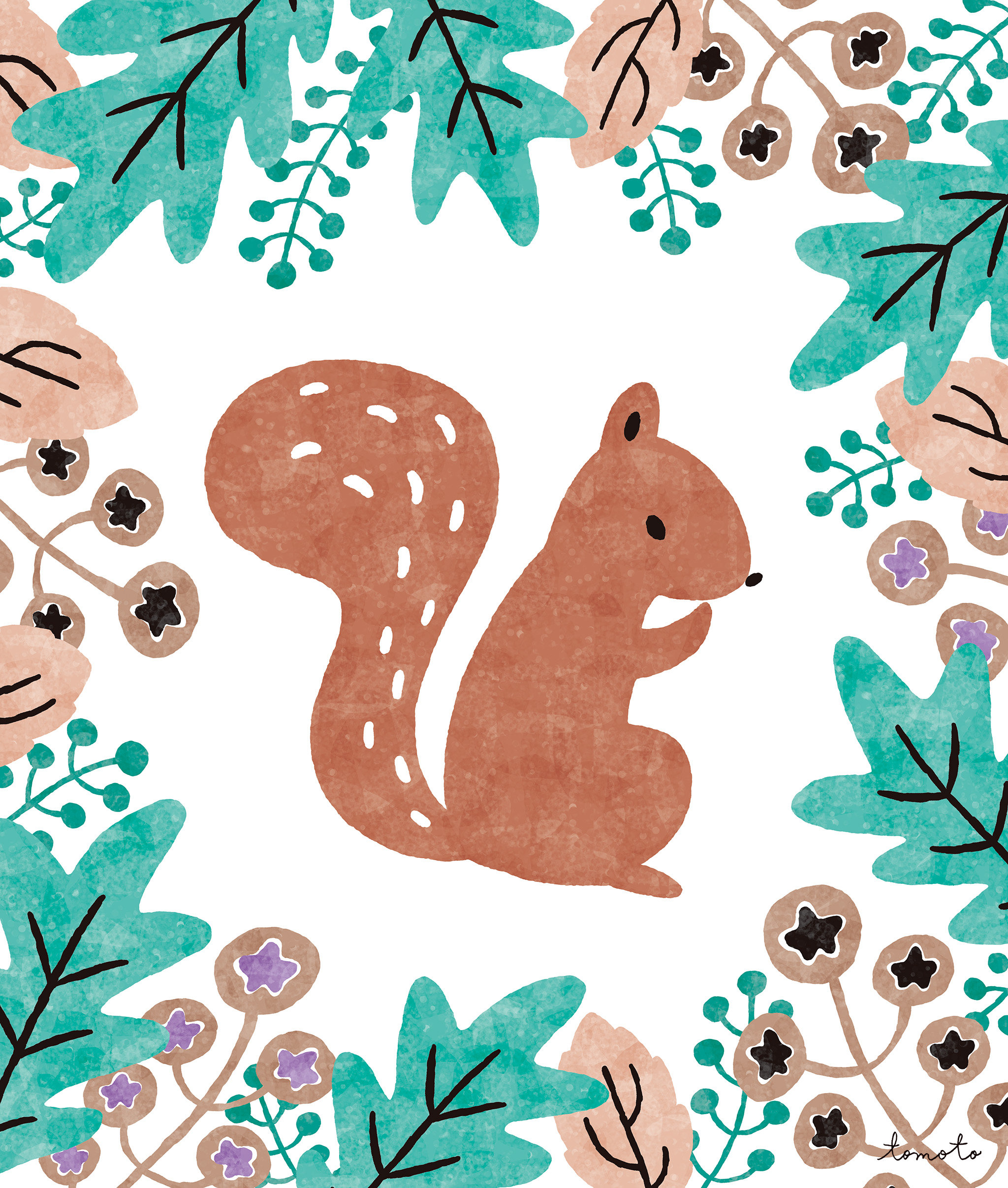 Big tailed squirrel framed by leaves.