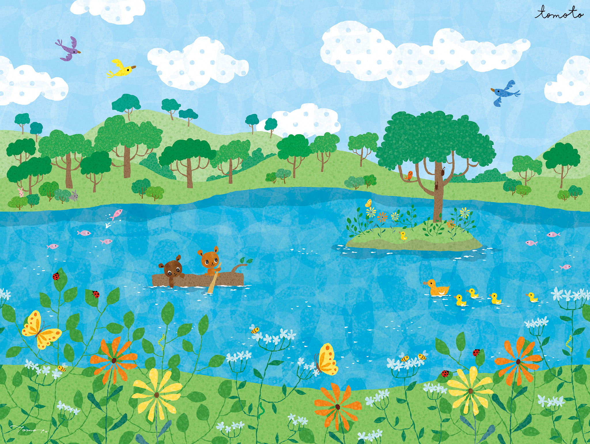 Sunny day at the lake with blue skies surrounded by trees, flowers and nature.