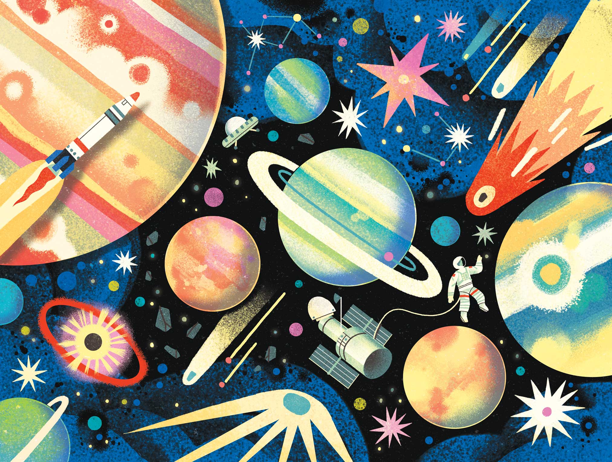 Space, astronomy, graphic, vector, flat illustration for a Mudpuppy puzzle.