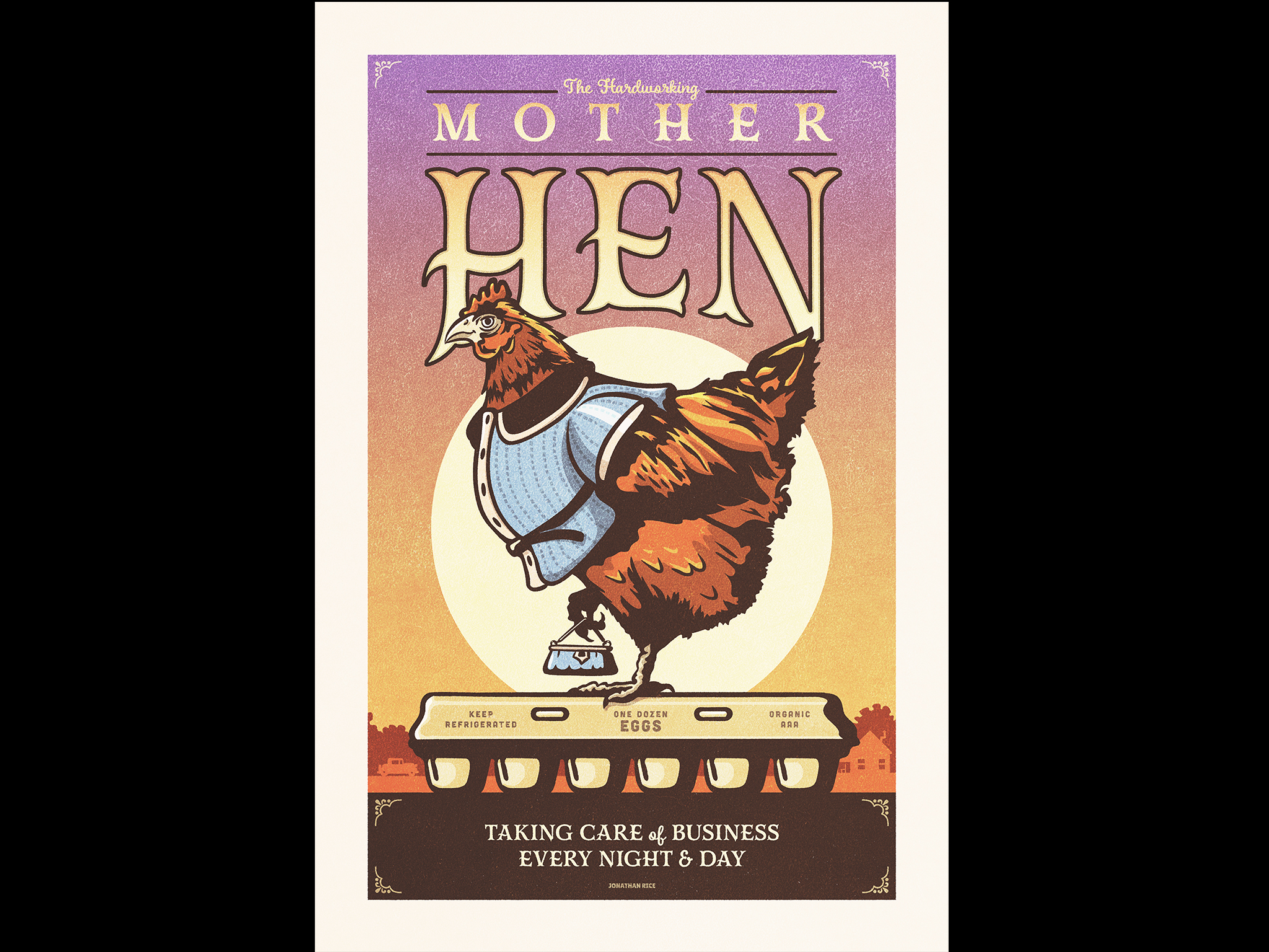 Retro illustration and poster design of a Mother Hen resplendent in her lovely blouse, holding her purse and standing on a carton of one dozed eggs.
