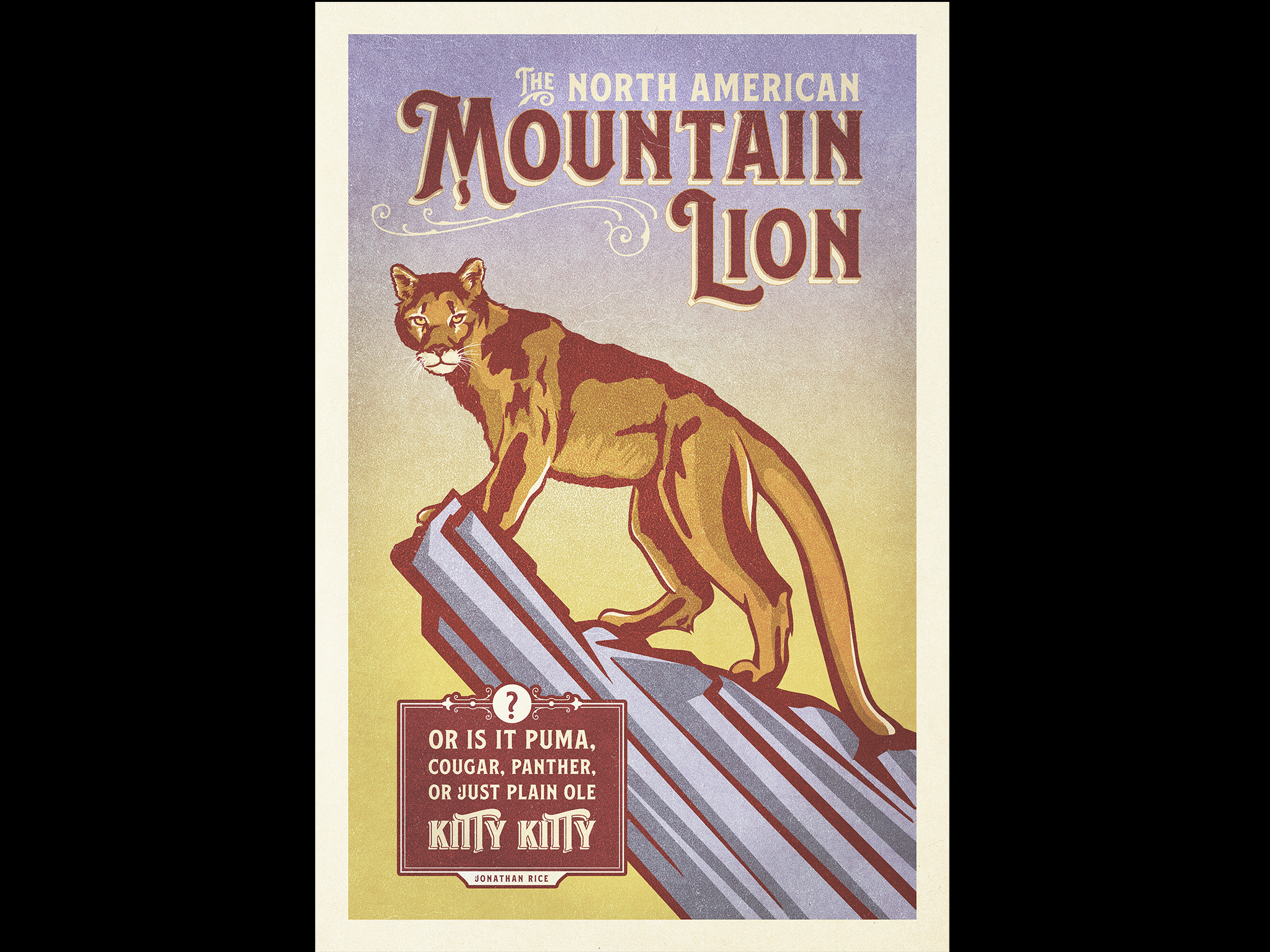 Retro styled humorous Mountain LIon illustration and poster design created in the style of old travel, national parks and animal posters of the 1930s, 40s and 50s..