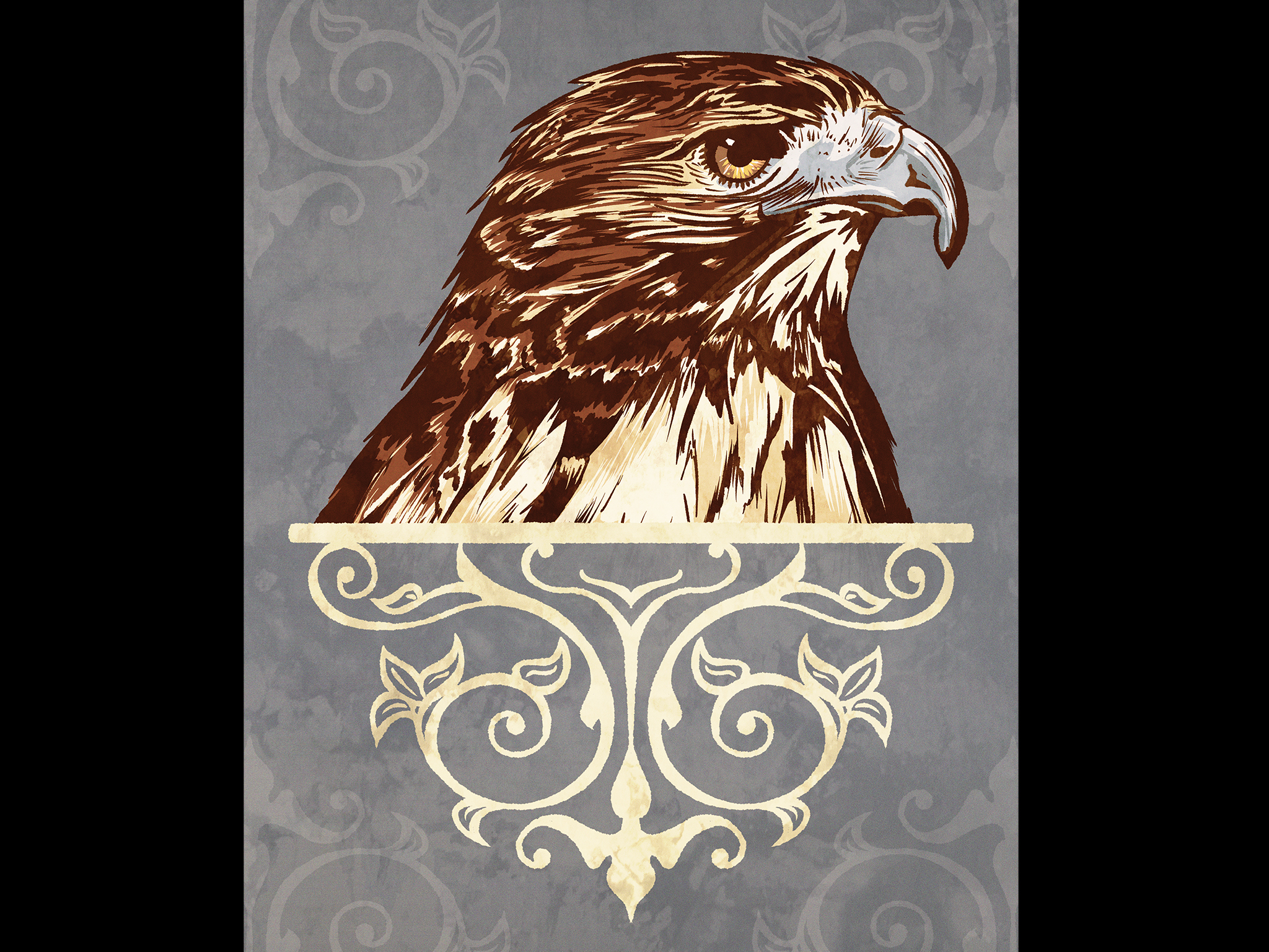 Retro styled illustrated portrait of a Red-Tailed Hawk with graphic ornamentation.