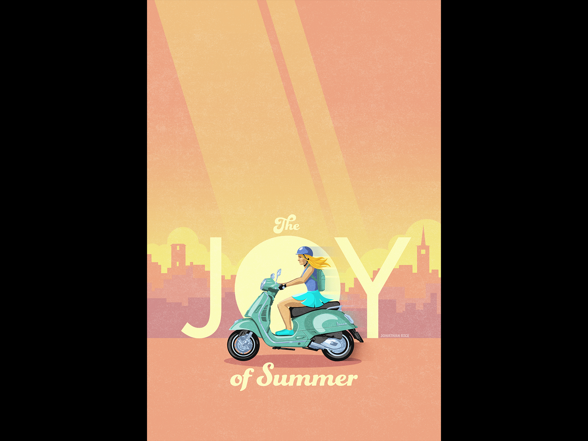 This Vespa scooter illustration captures the essence of a sunny summer day cruising through charming Italian streets on a Vespa scooter. Its vibrant colors and bold design instantly bring the warmth of summer to the viewer.