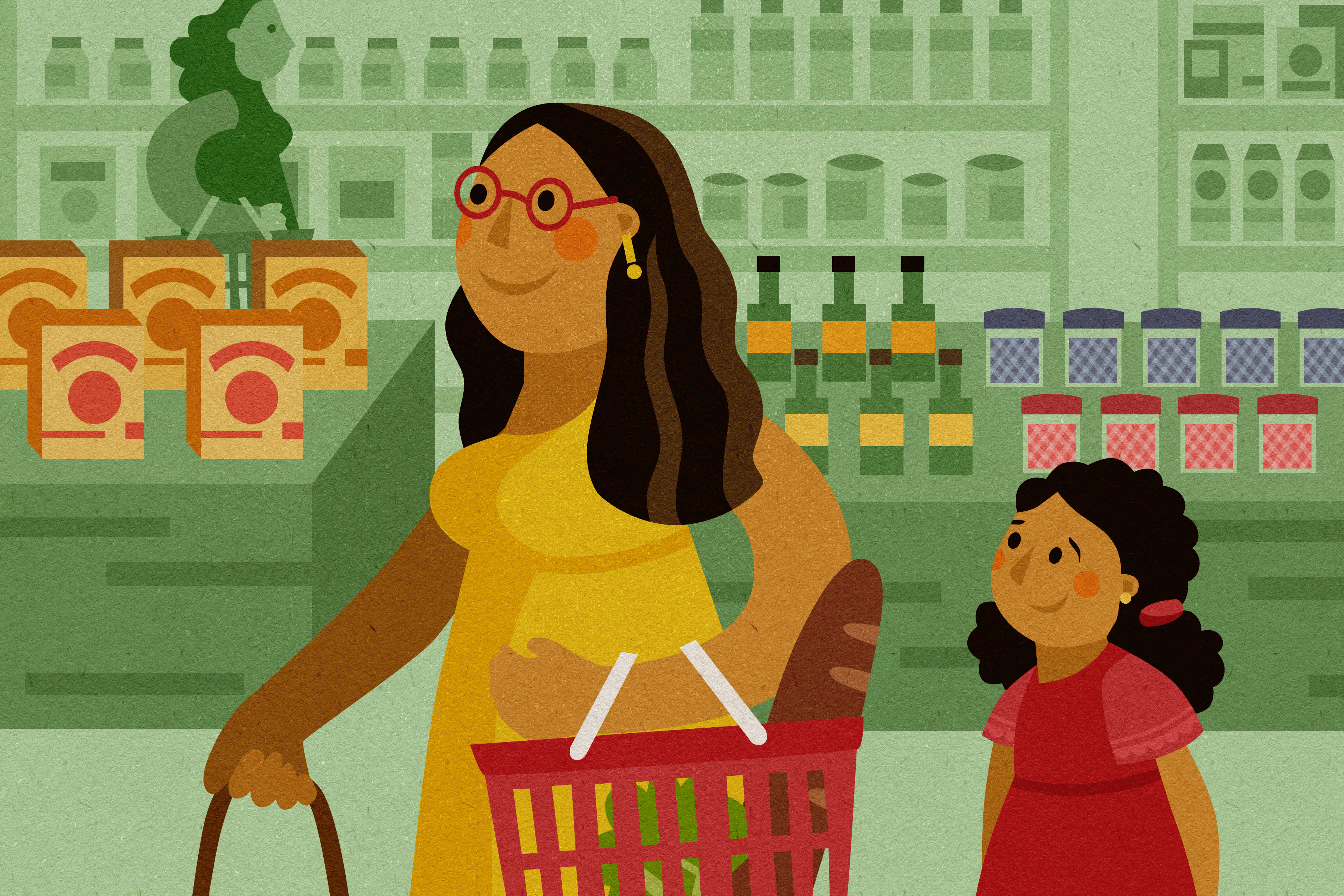 Digital illustration of mother and daughter grocery shopping in a grocery store.