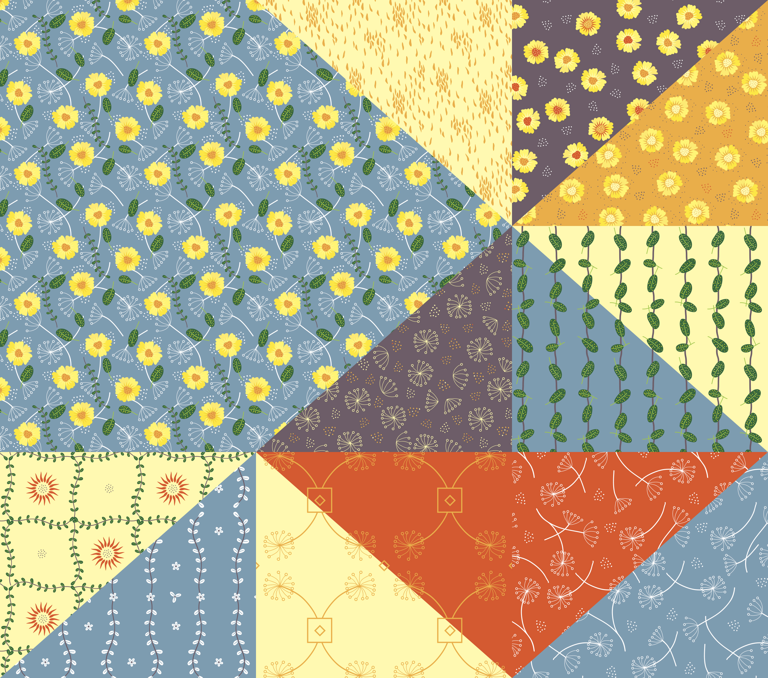 Repeating vector art pattern with daisy mums and dandelion seed heads. Available for licensing on fabric, wrapping paper, totes, paper products, gift items, apparel, and more.