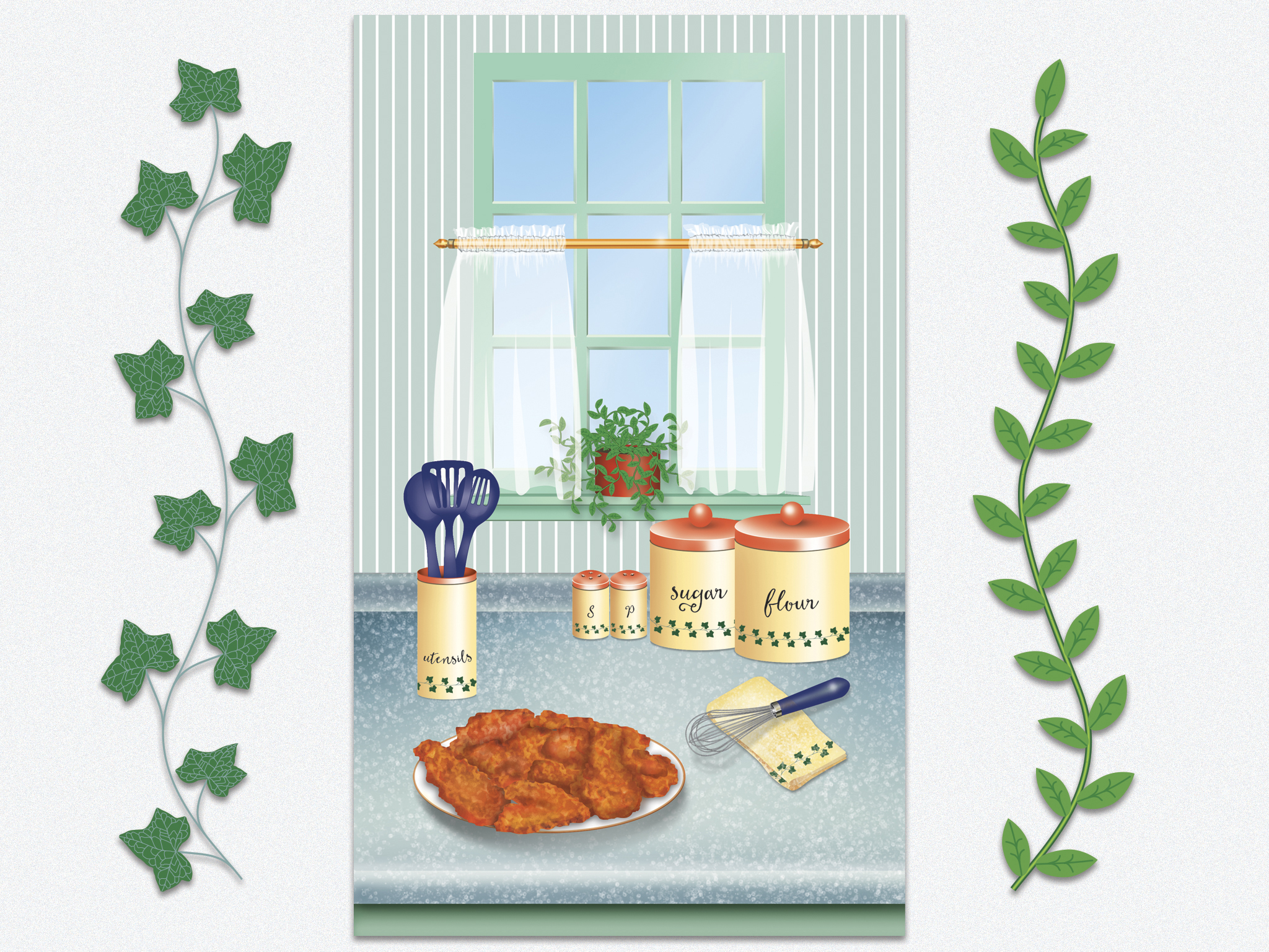 Drawn in Illustrator, rendered in Photoshop. Kitchen counter, with a plate of fried chicken, cookbook illustration. The English Ivy and leafy vine pattern brushes were created from vector illustrations, and have been used on stationery products. A Photoshop pattern was created for the fried chicken texture.