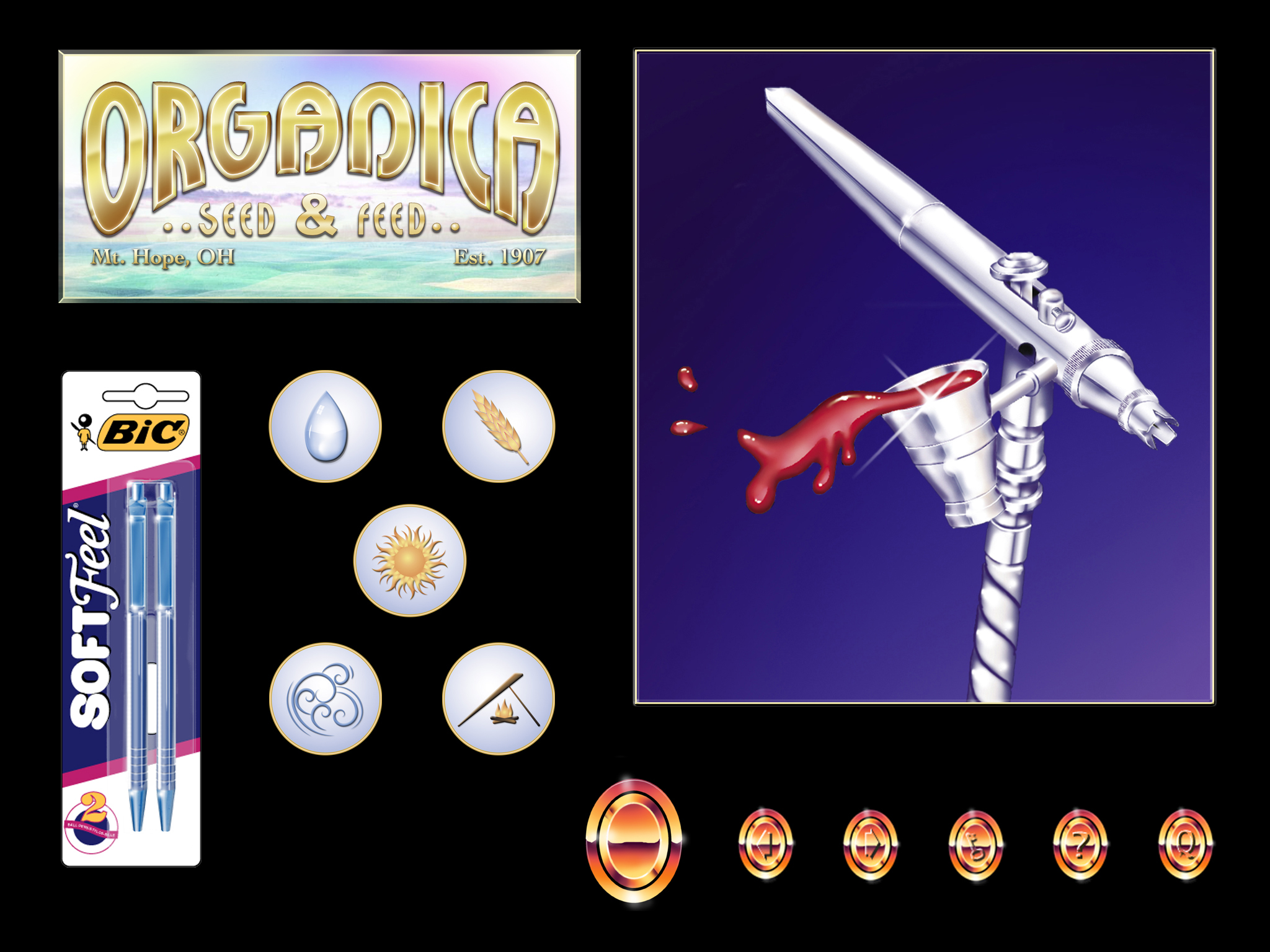 Various illustrations drawn in Illustrator and rendered in Photoshop. Metallic type, airbrush with liquid paint splash, pen package for an animation showing how packages are created and assembled, icons, and copper navigational buttons.