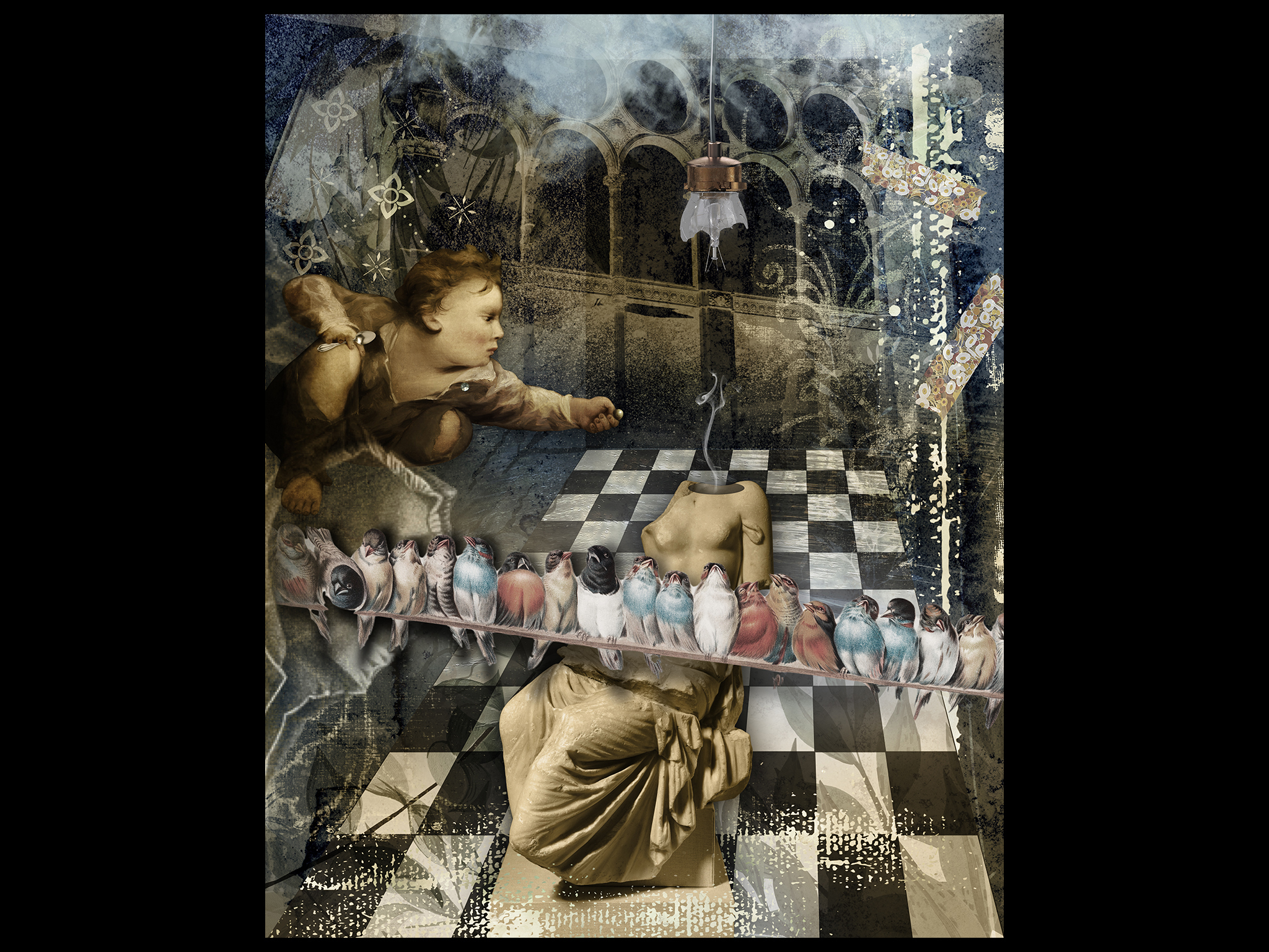 Photo illustration. Little boy with a silver spoon plays a deadly game.