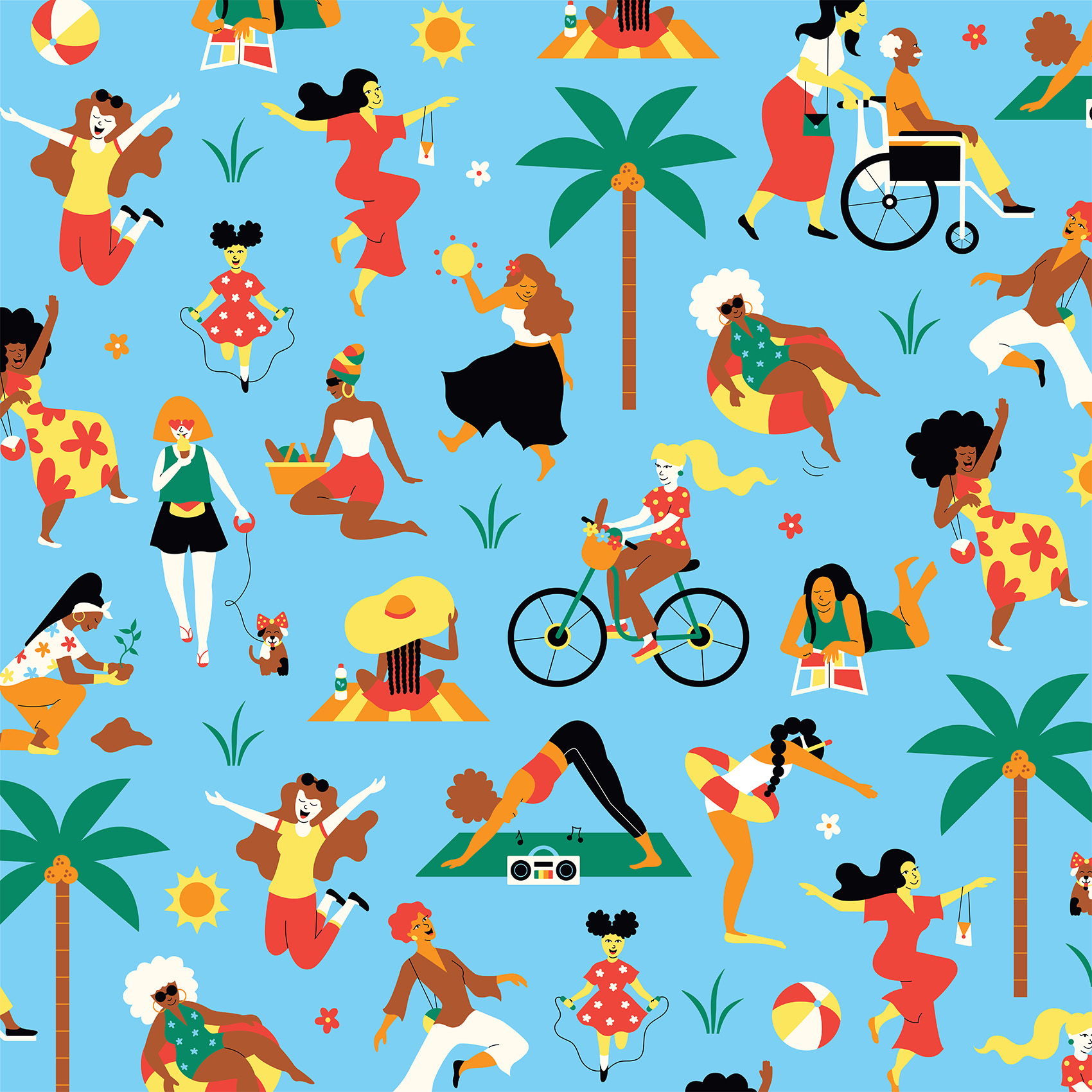 Client: The Ellen Degeneres Show. Be Kind Summer Subscription Box Illustration of a community of characters enjoying summer