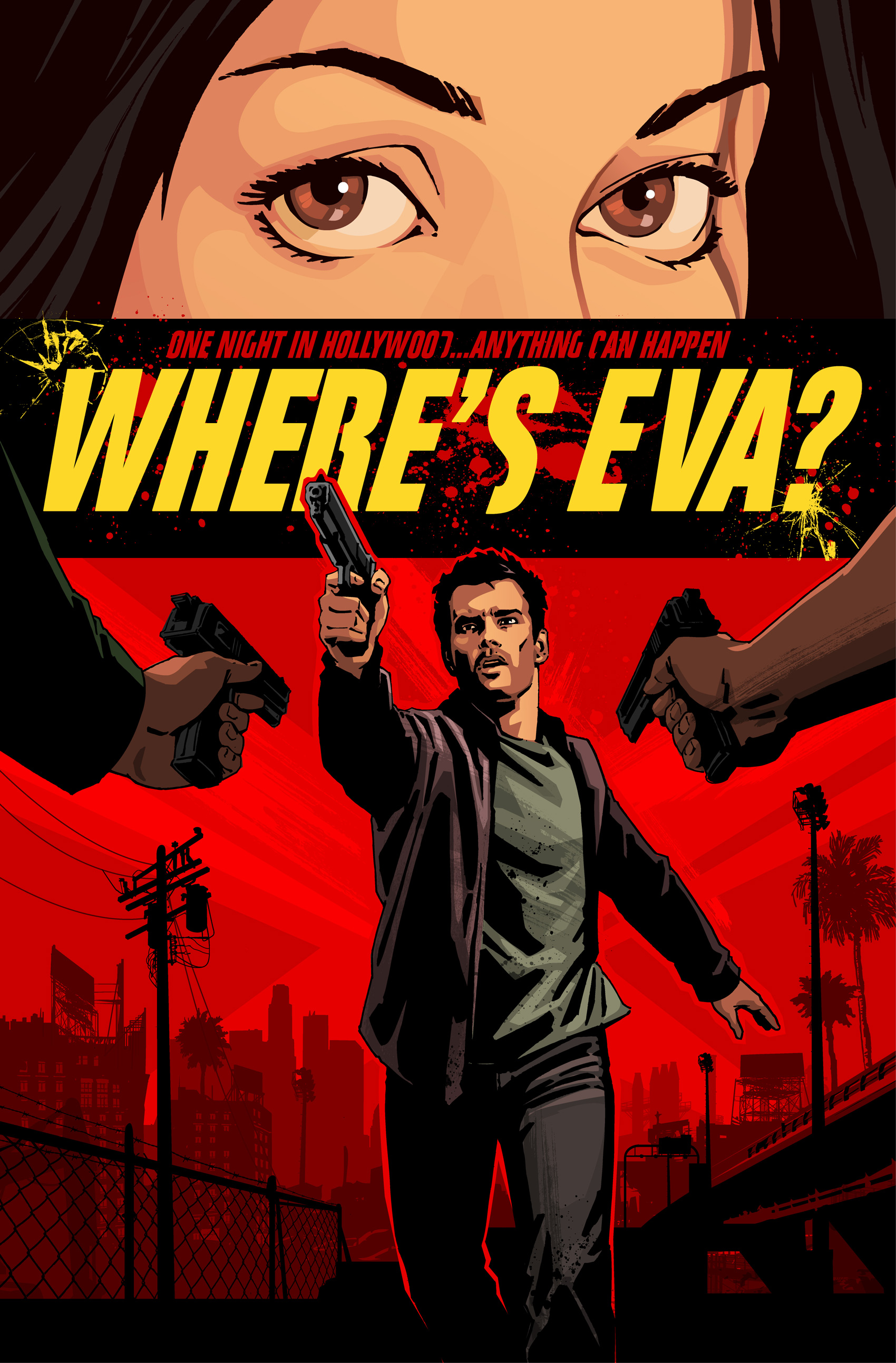 Movie poster in a graphic, comic-book style. Action and Crime Thriller.