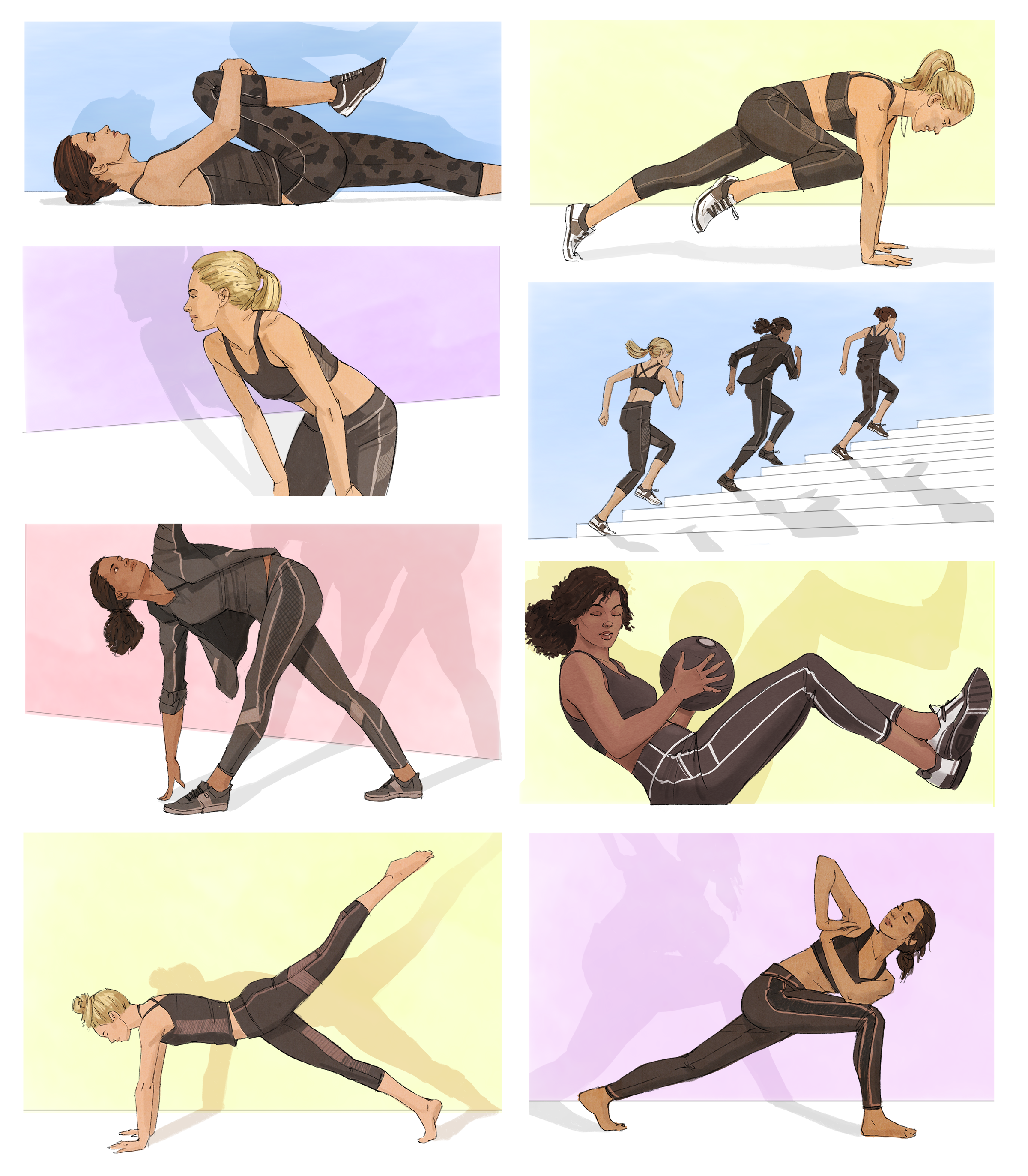 Television storyboards for fitness clothing brand, people training. Client: Target and C9