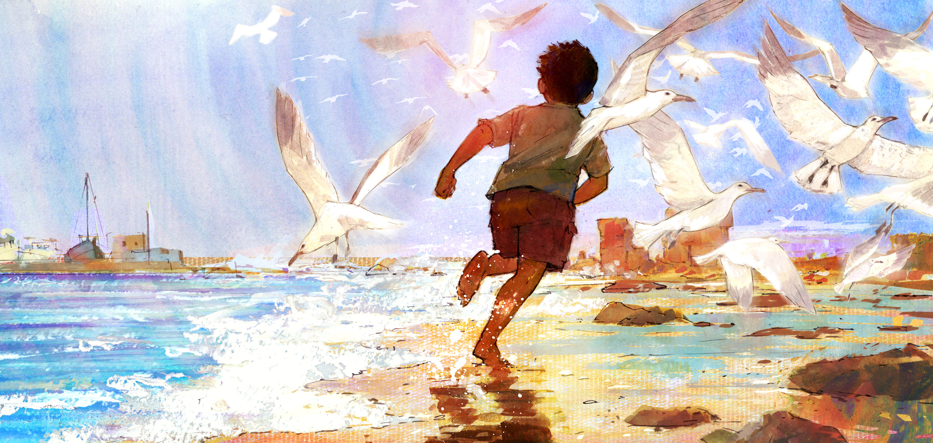 Digital illustration painting of a young boy running along the beach, seagulls flying around him. Client: Curious Pictures and Jonathan Demme