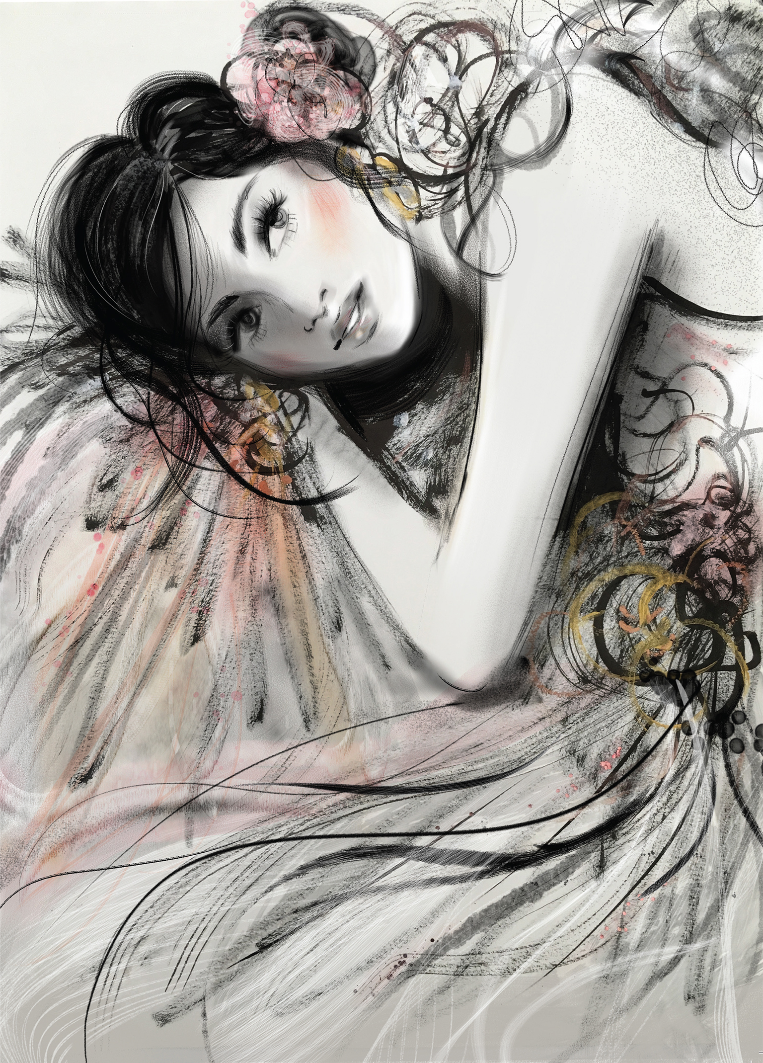Fashion illustration portrait  with floral accents and dramatic expression.