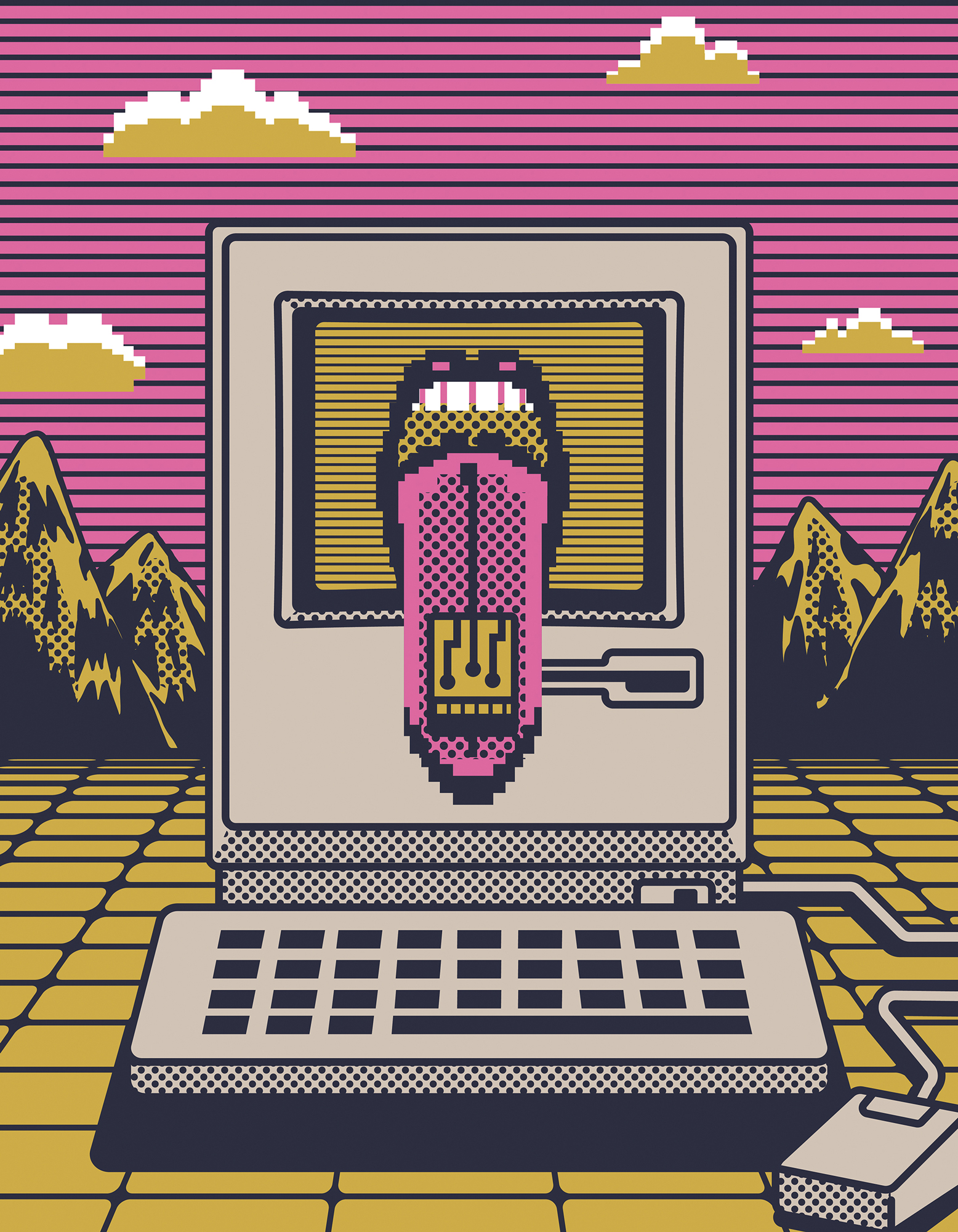 Conceptual and editorial illustration showing technology/computer screen with tongue sticking out. Created in vector.