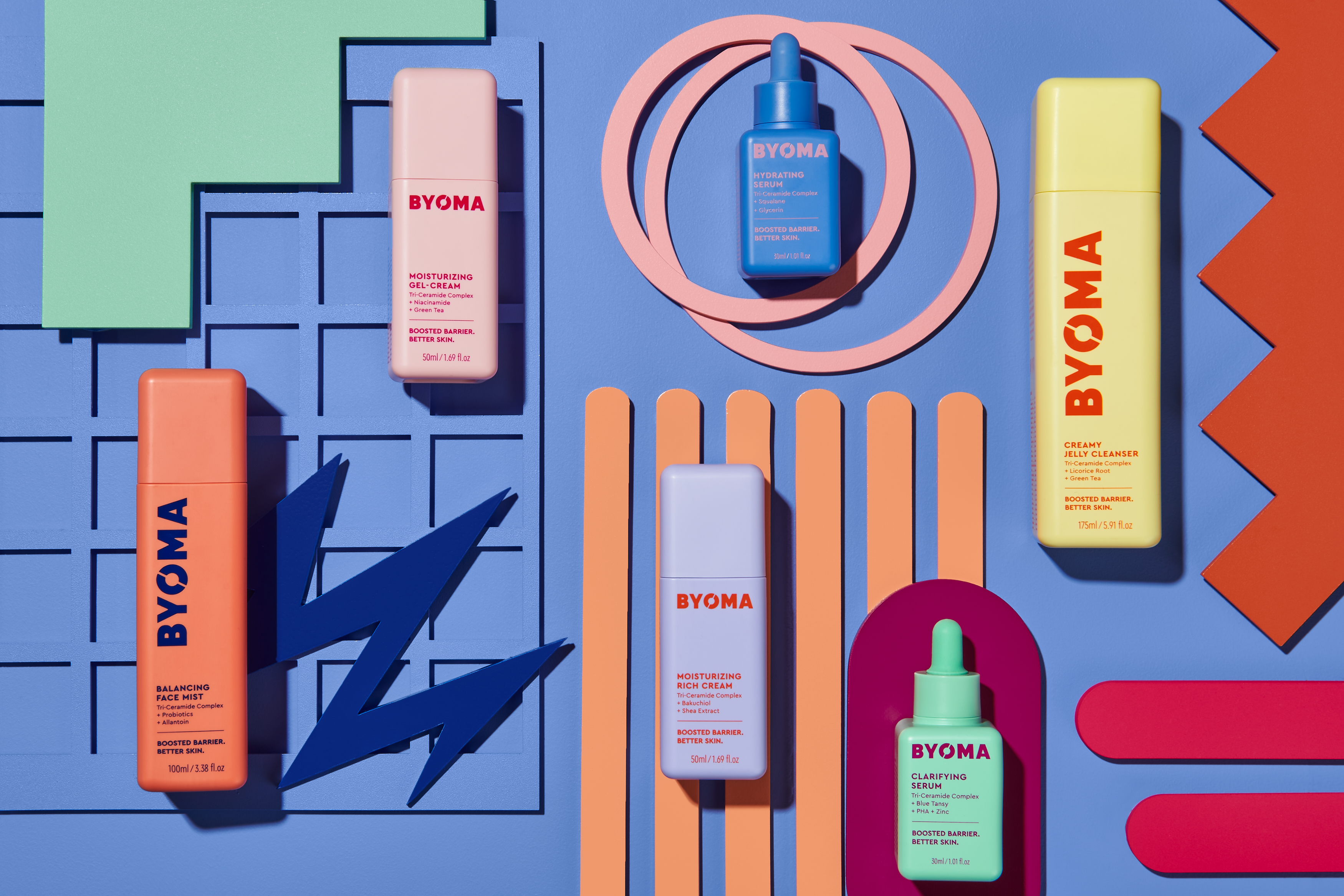 Colorful cosmetics shoot featuring brand BYOMA.