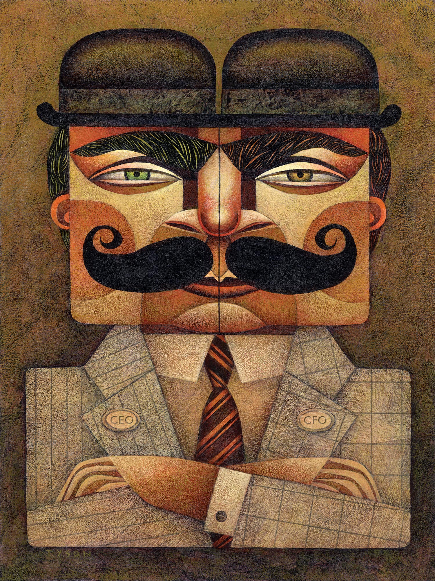 Dual figurehead of a CEO and CFO businessman, illustrating a strategic partnership | Client: Strategic Finance Magazine, IMA
