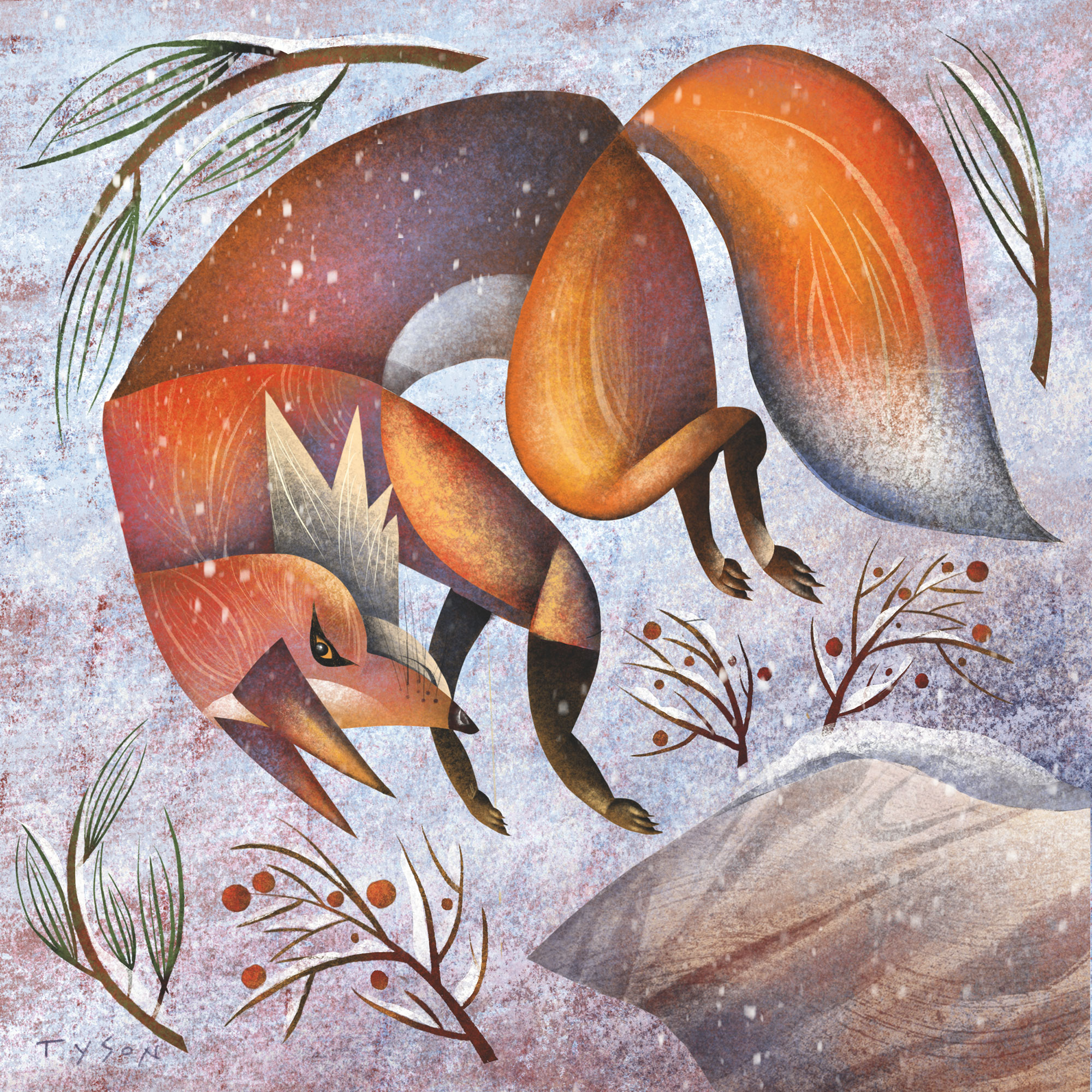 Digital illustration of a red fox hunting in winter | Client: West Parry Sound Health Centre Foundation