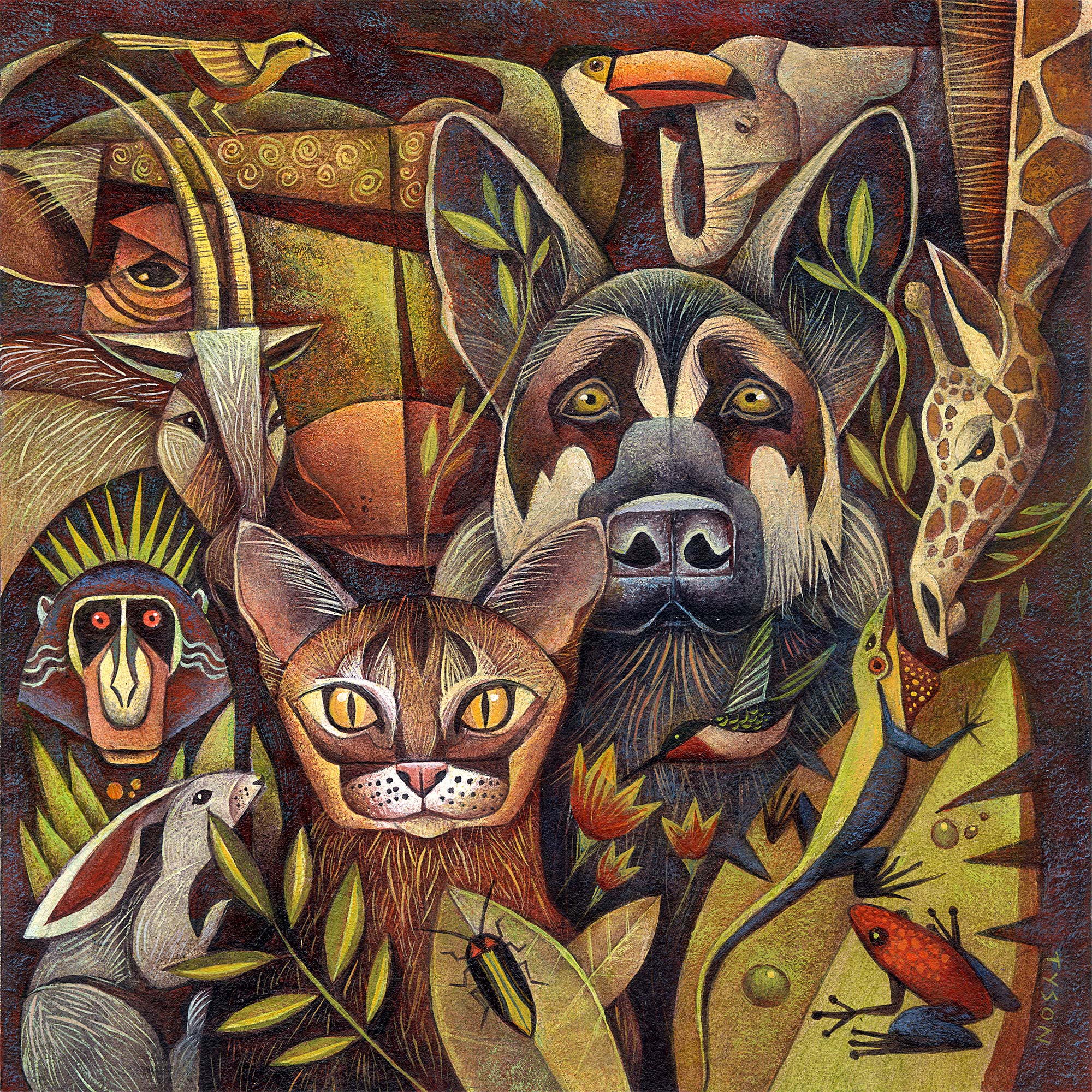 Illustration of a variety of animals. Art commission for an animal lover.
