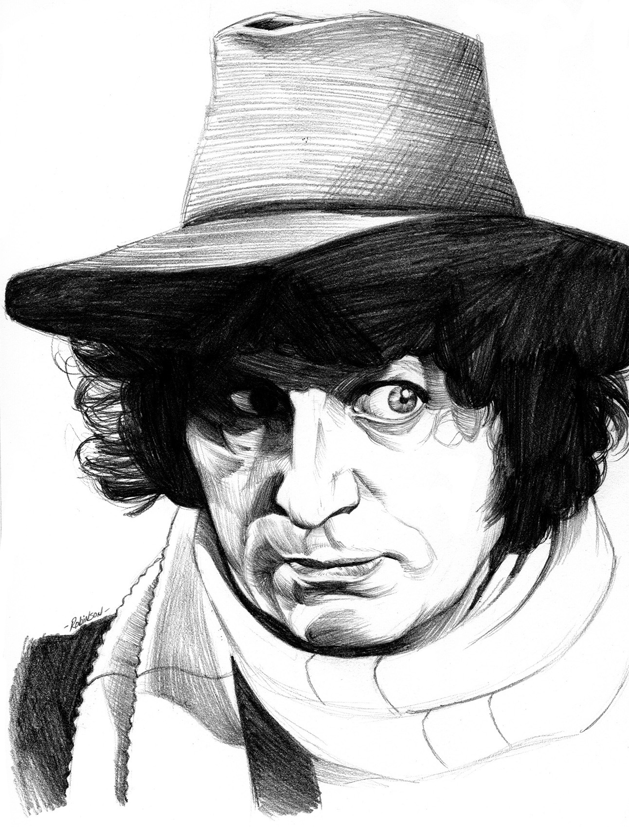 Pencil illustration of actor Tom Baker as The Fourth Doctor on the BBC sci-fi series DOCTOR WHO