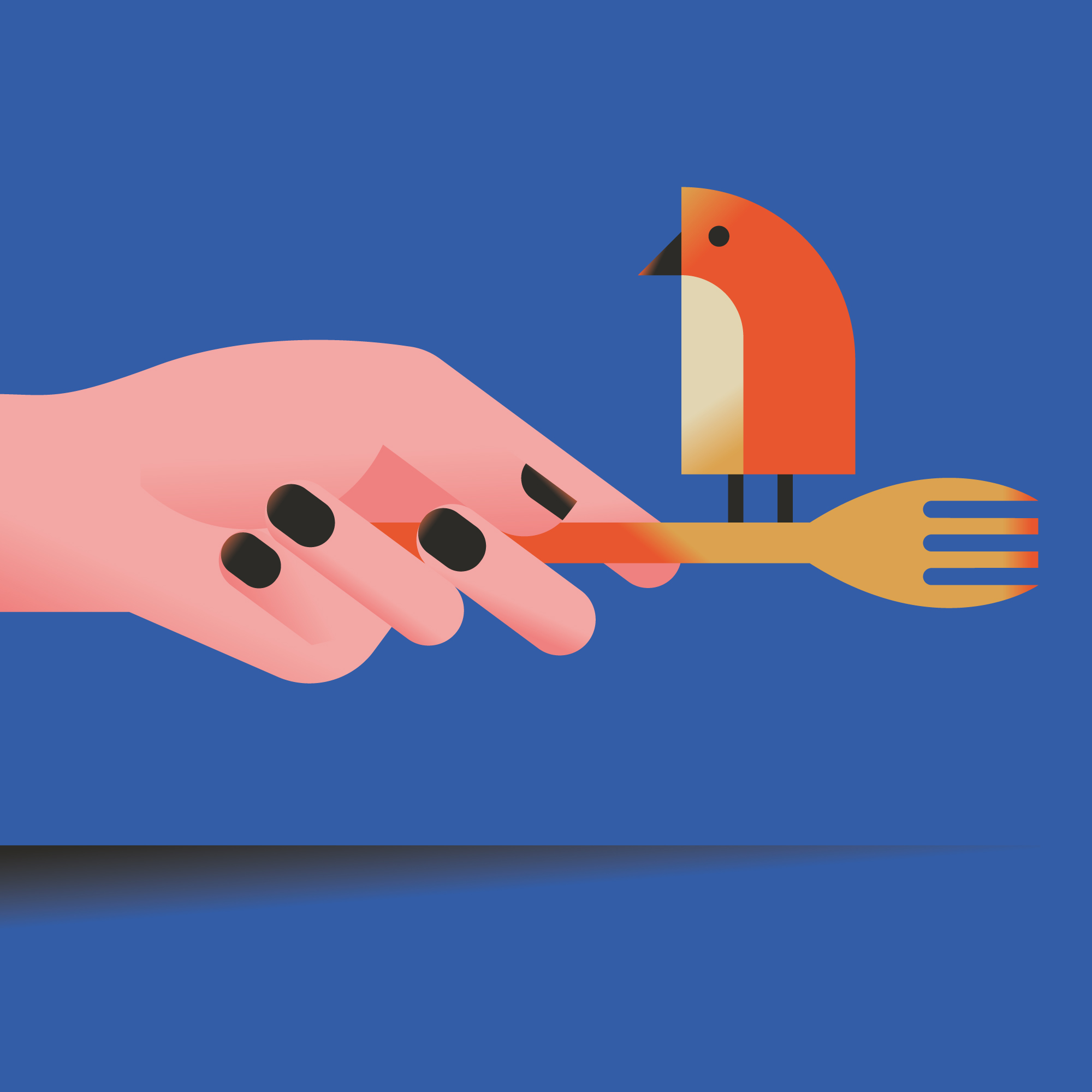 Conceptual digital illustration for La Stampa newspaper showing a bird sitting on a fork being held by a hand.