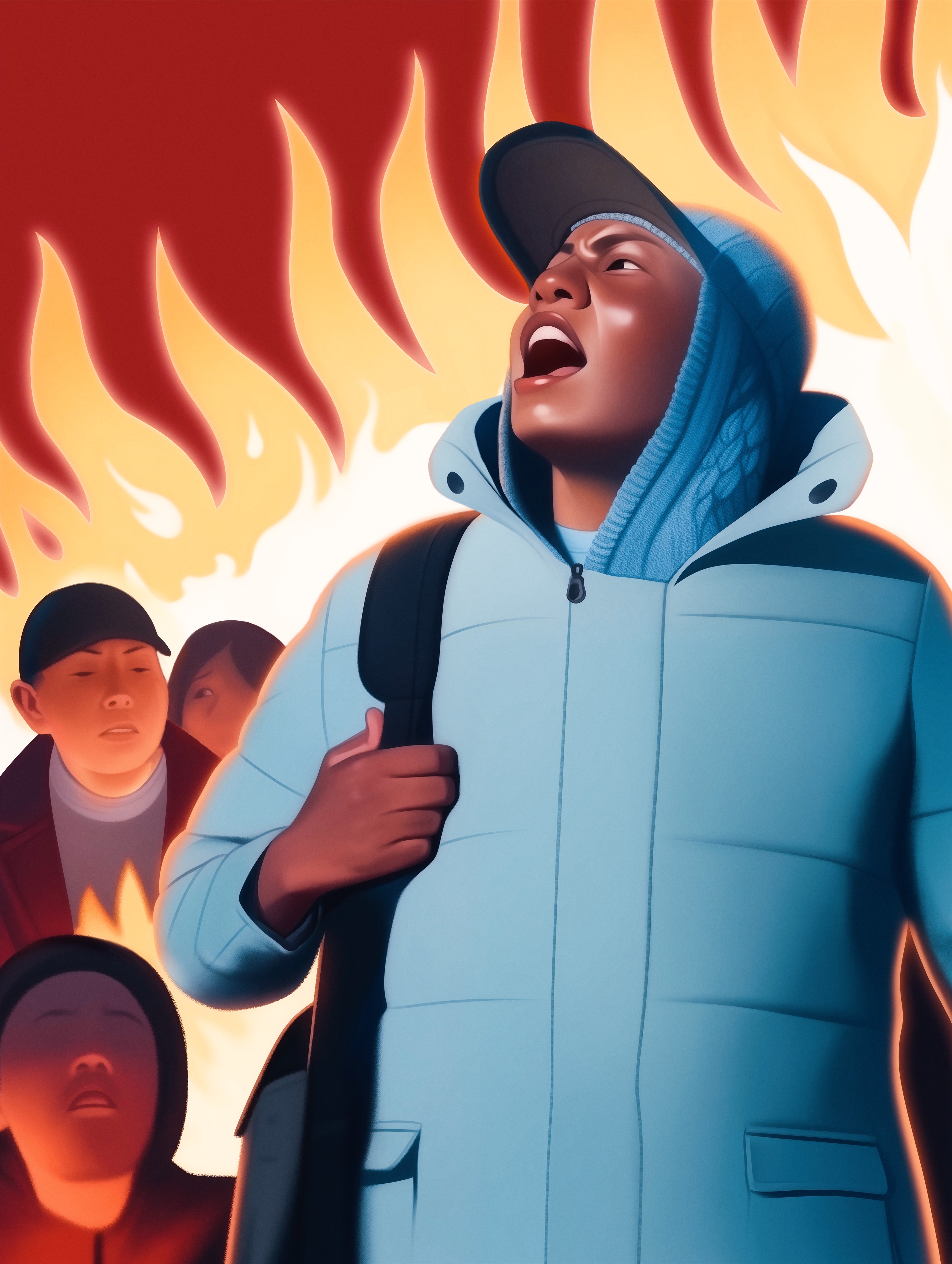A striking illustration featuring a young person protesting. The background depicts flames, which mimic the passion of the protester. The illustration is in Manon's painterly style.