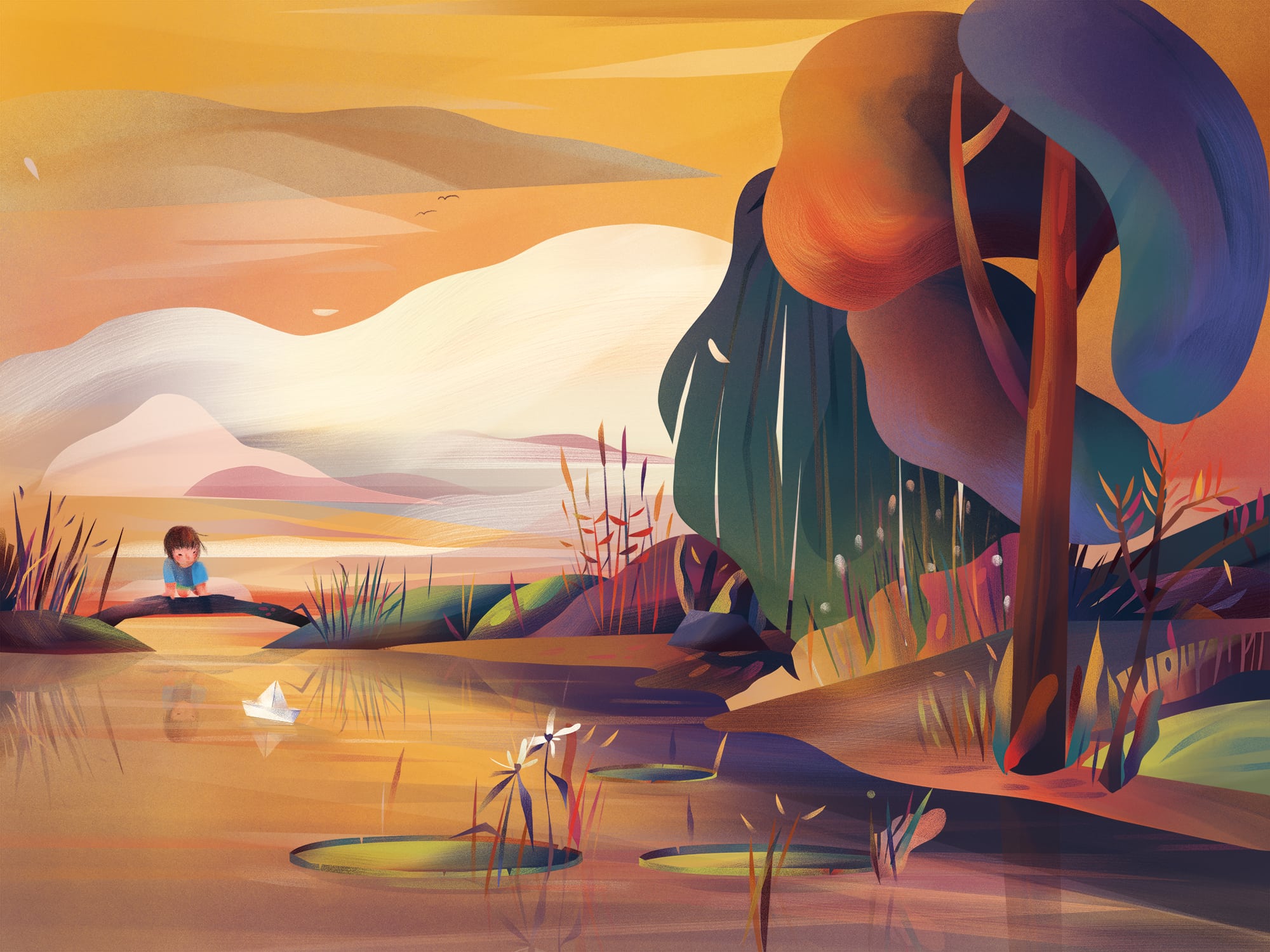 Landscapes drawn in expressive brushed style