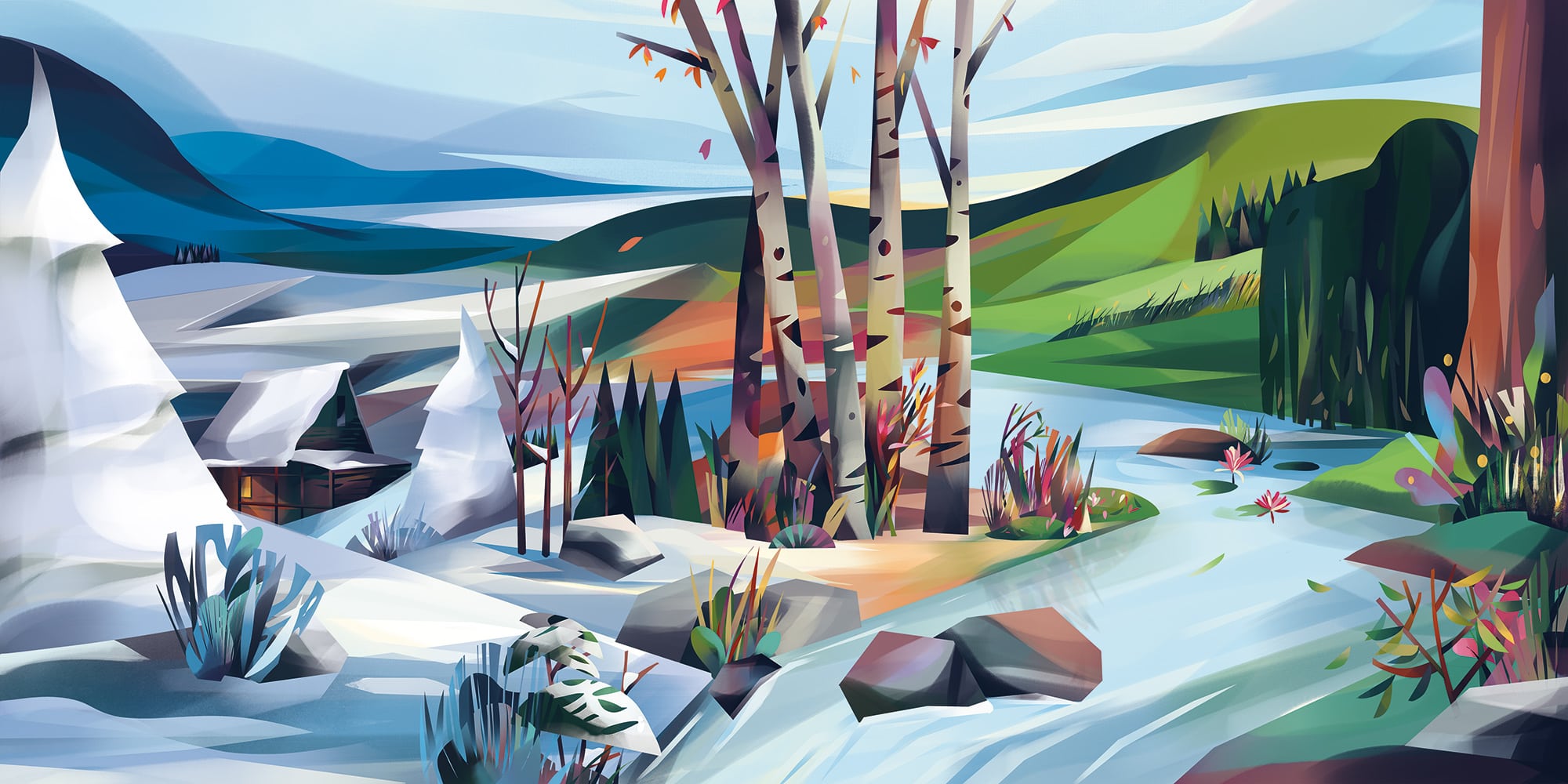 Landscapes drawn in expressive brushed style