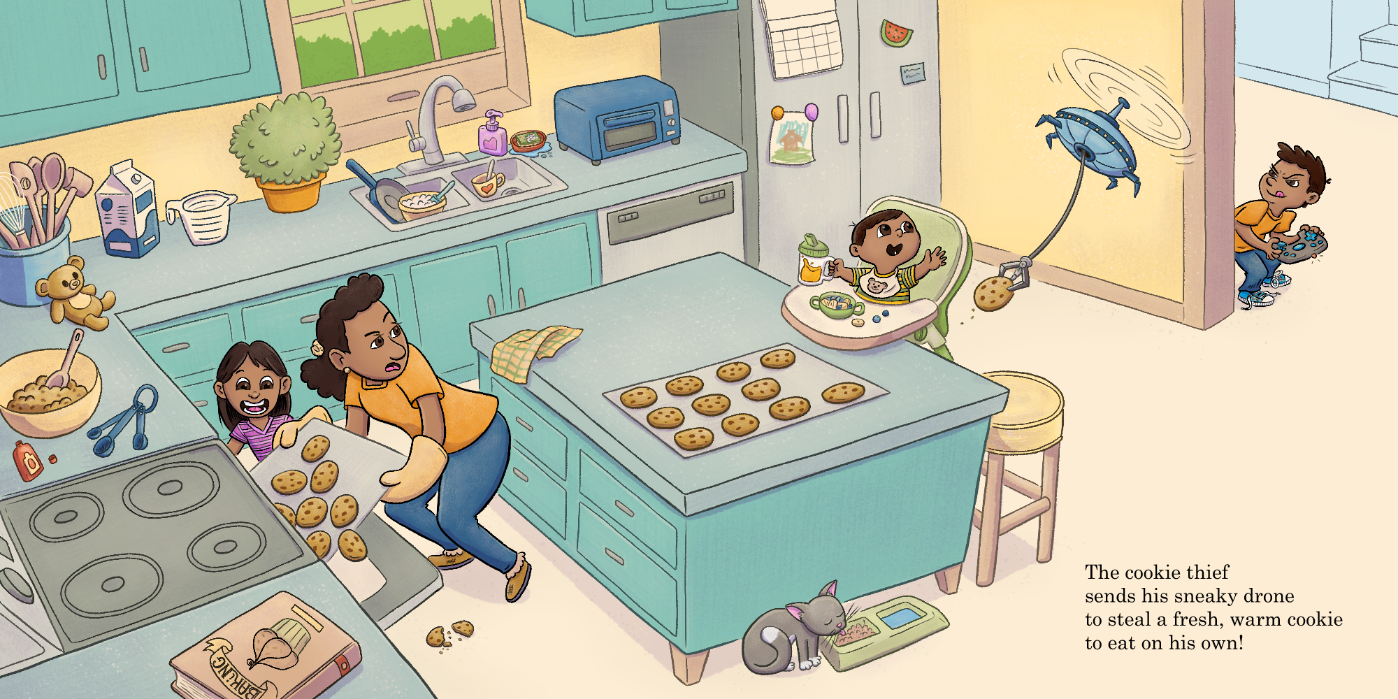 A kid uses his drone to steal a fresh-baked cookie from the kitchen.