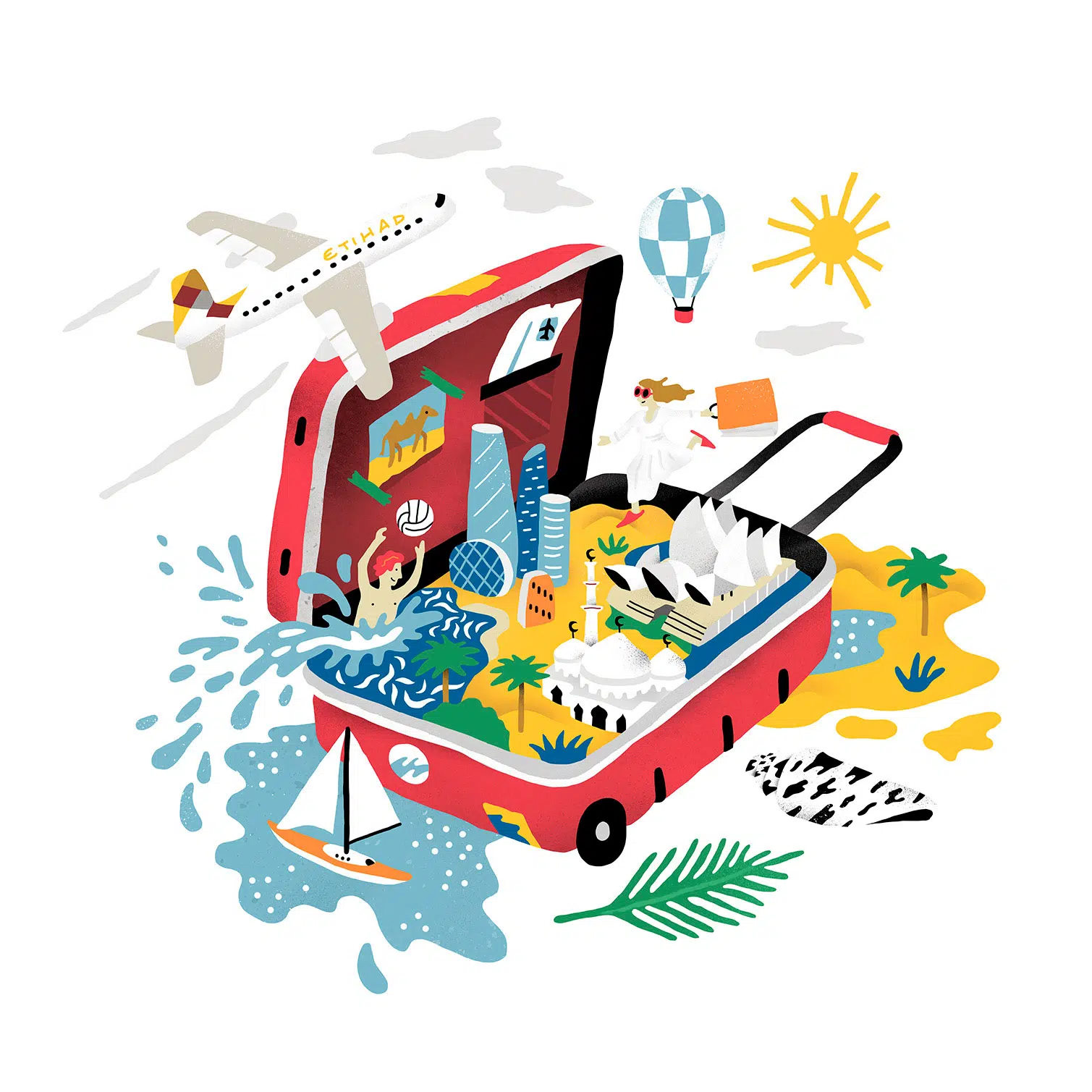 Bright and playful illustration with disarming childlike simplicity for Etihad.