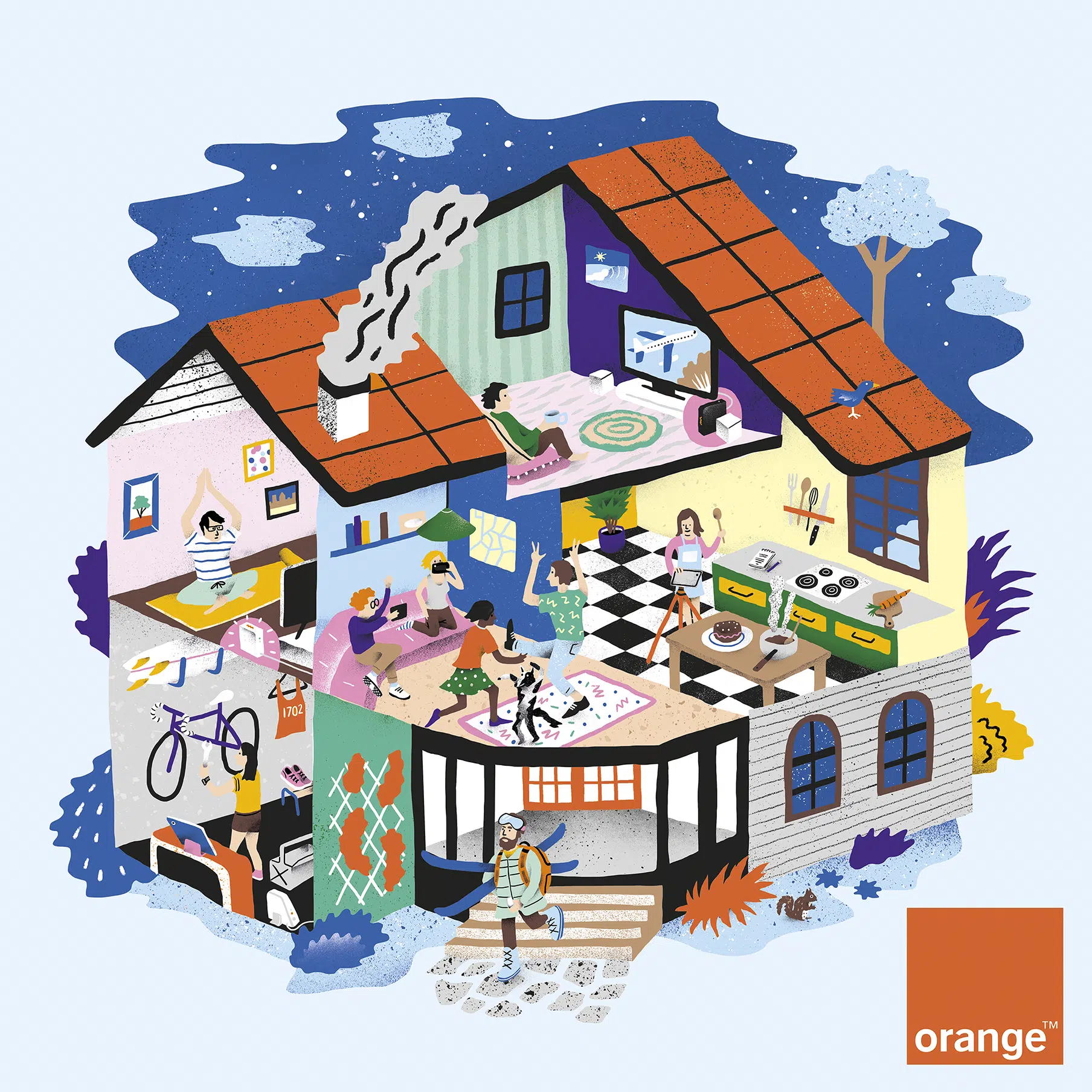 Bright and playful illustration with disarming childlike simplicity for Orange.