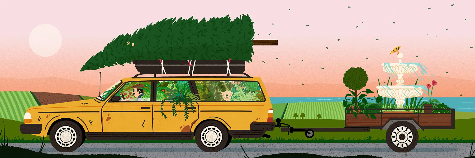A yellow car filled with plants drives down a road during sunset, pulling a trailer with a fountain and more plants.