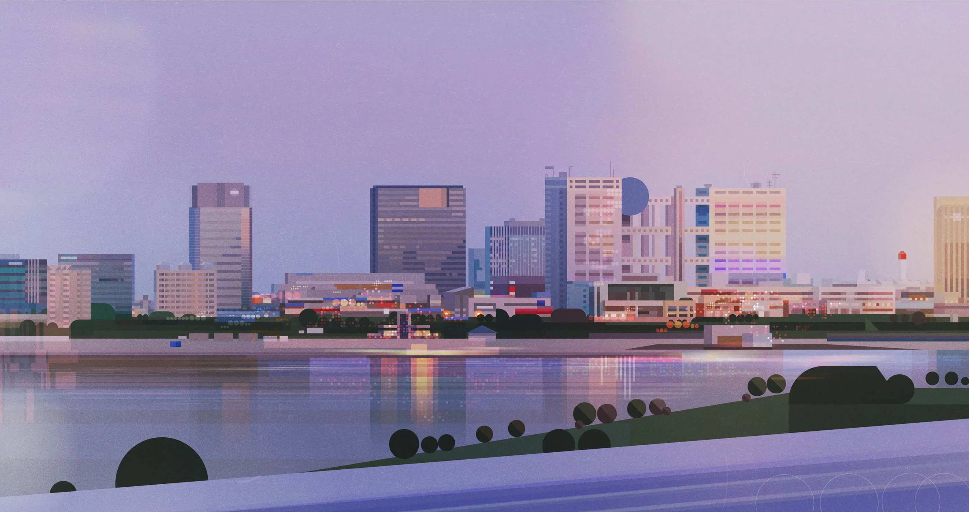 A city at dusk illustrated in a futuristic vector style.