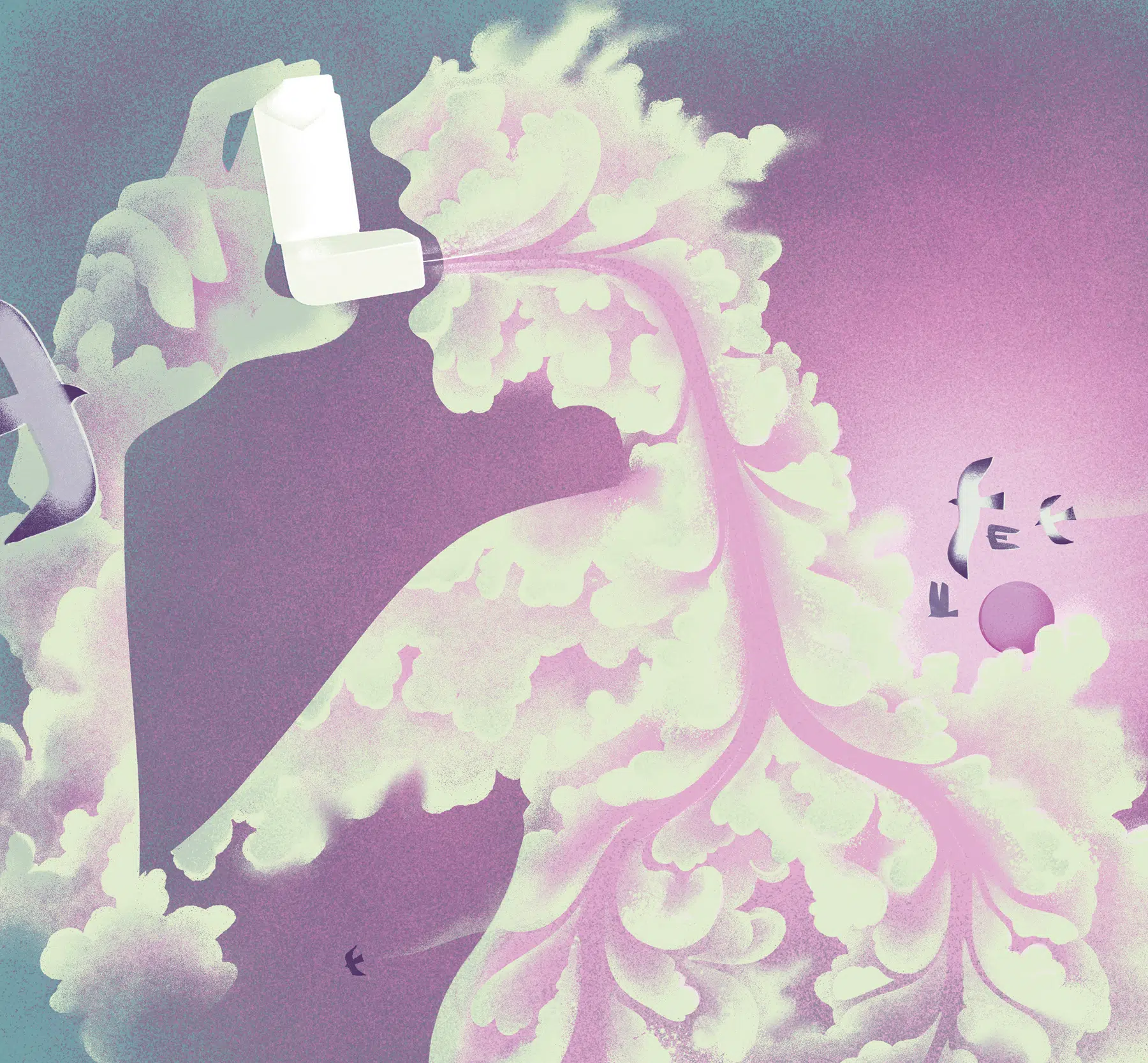 Conceptual illustration with layered imagery. The artwork showcases a silhouette of a person holding an inhaler to their mouth, with billowing, pastel-colored clouds emanating from it, suggesting a sense of relief or release.