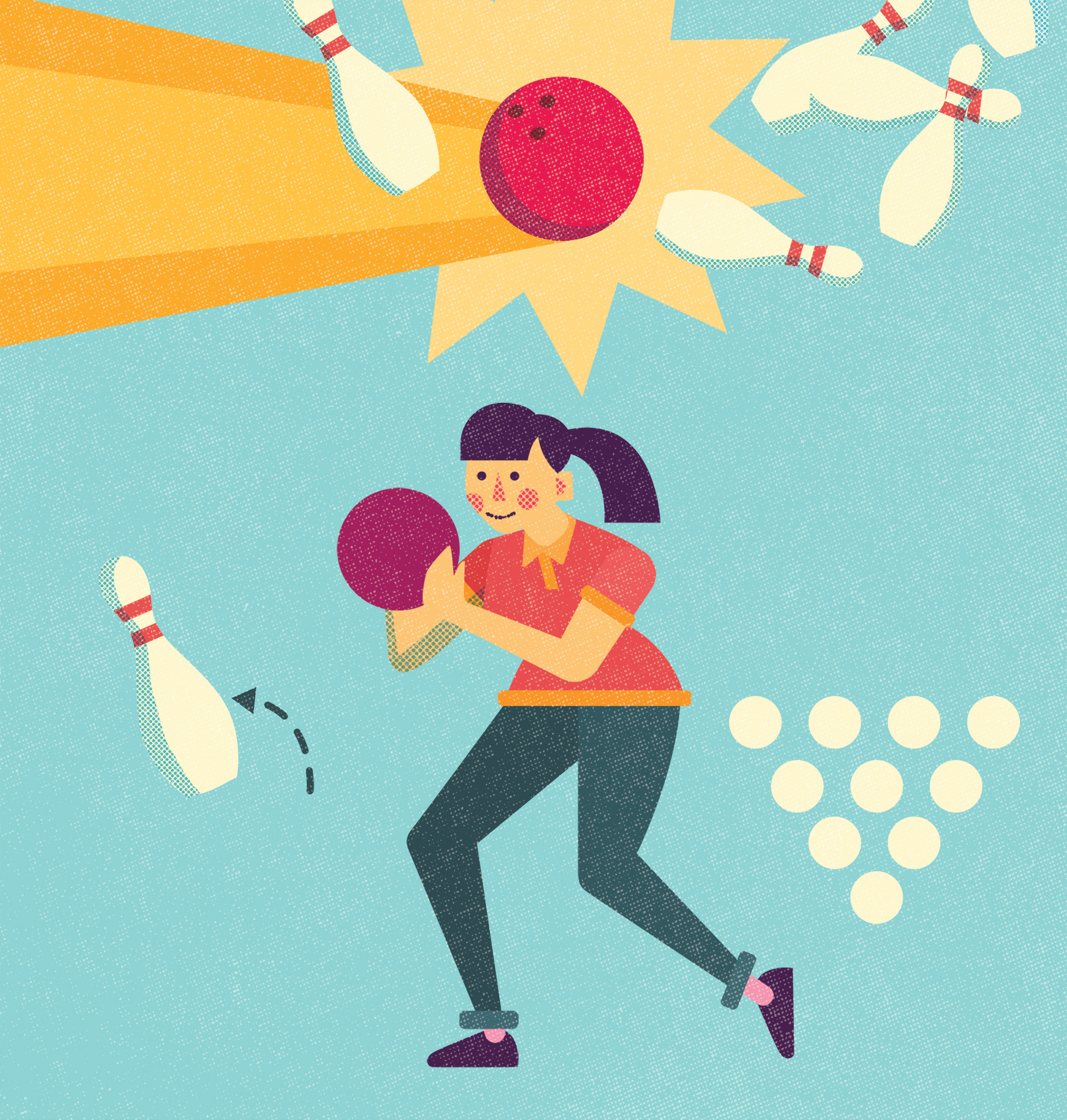 A bowler prepares to throw the ball toward pins in a clean, playful sports illustration.