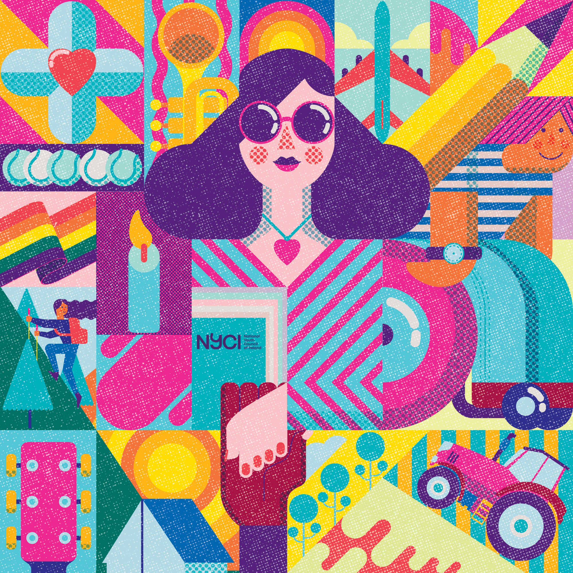 A vibrant youth-focused illustration showing community, travel, outdoor activity, and social connection for a youth advocacy campaign.